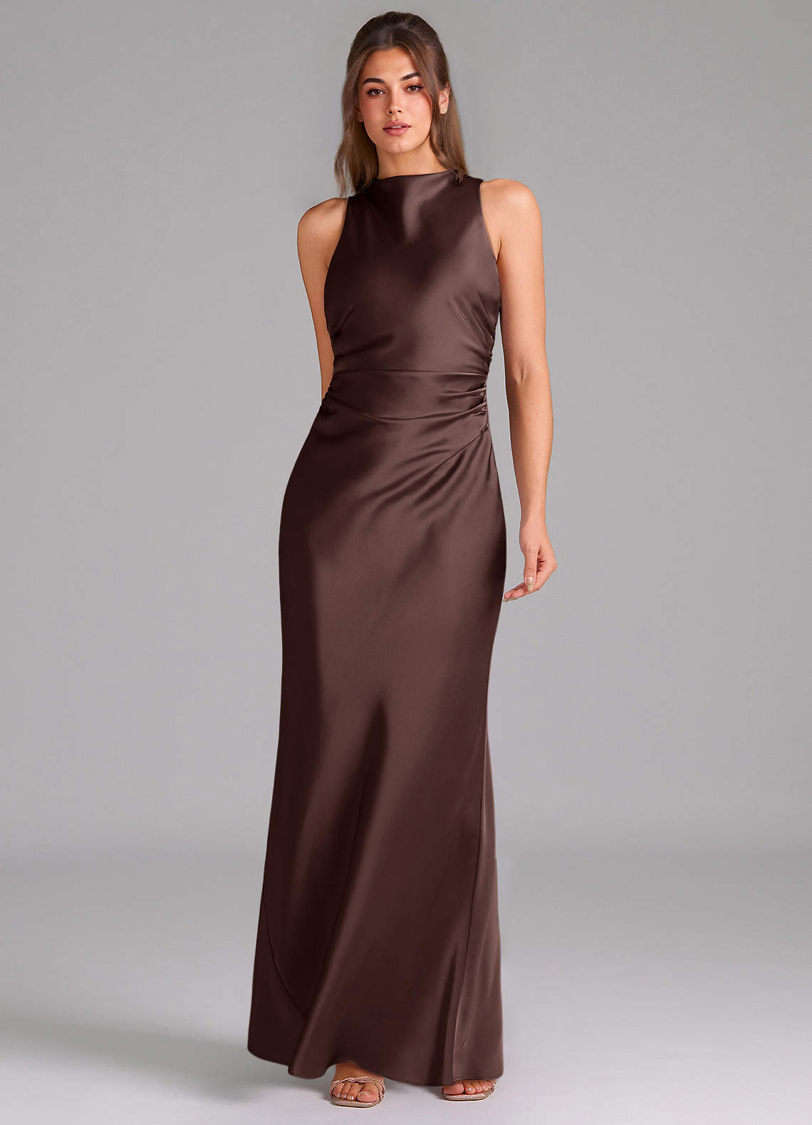Evadne Sheath Scoop-Neck Stretch Satin Bridesmaid Dress in Ganache
