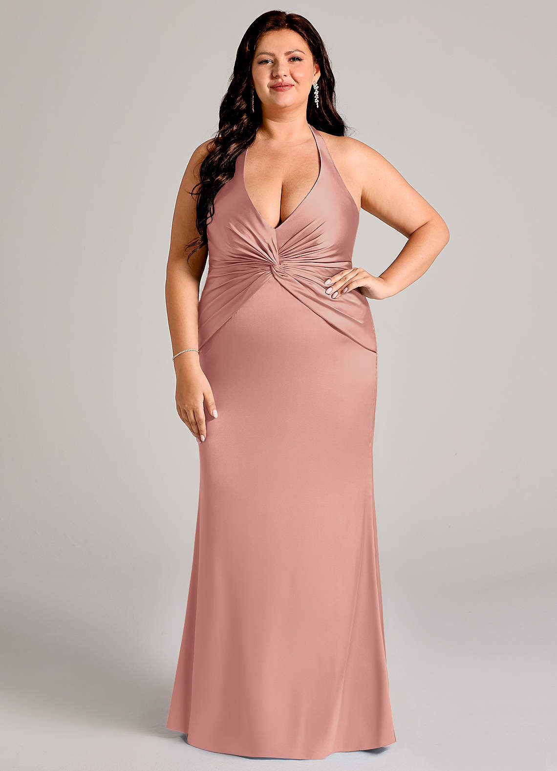 Valerie Mermaid V-Neck Stretch Satin Bridesmaid Dress in Rosette