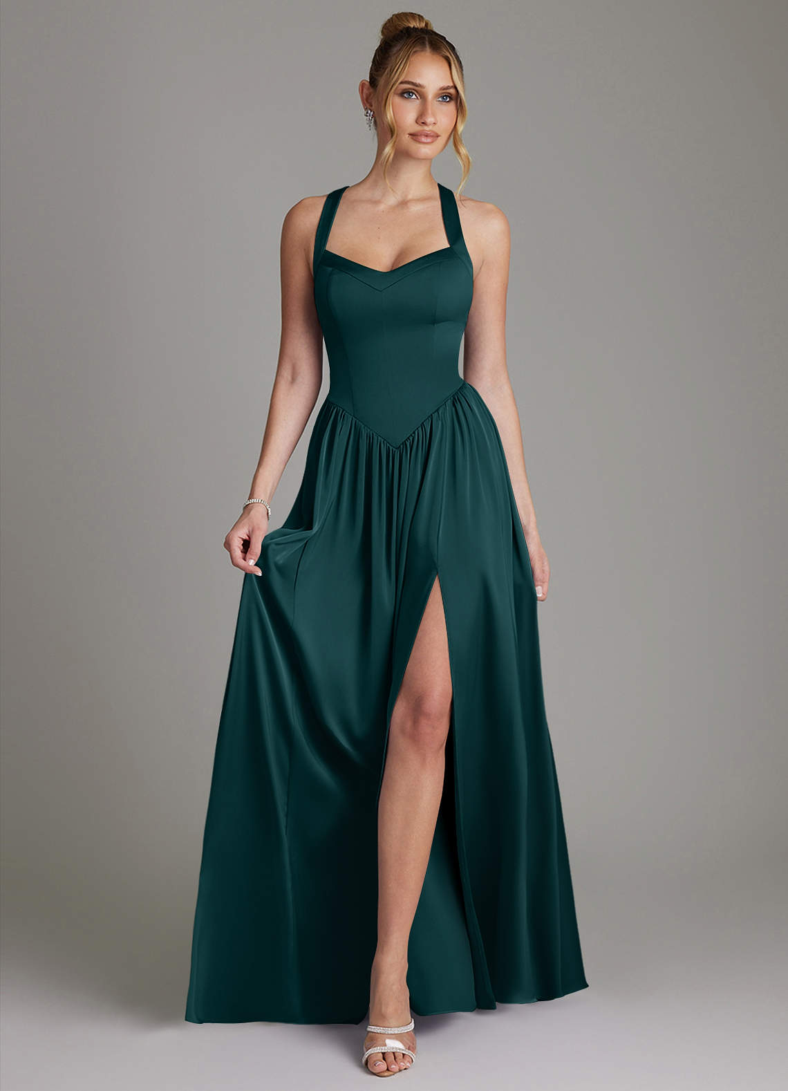 Francis A-Line V-Neck Stretch Satin Bridesmaid Dress in Pine
