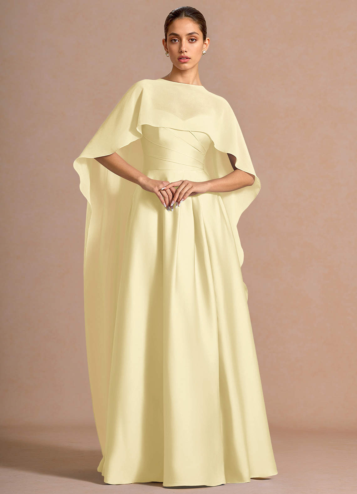 Nancy A-Line V-Neck Stretch Satin and Chiffon Evening Dress in Lemon Sorbet