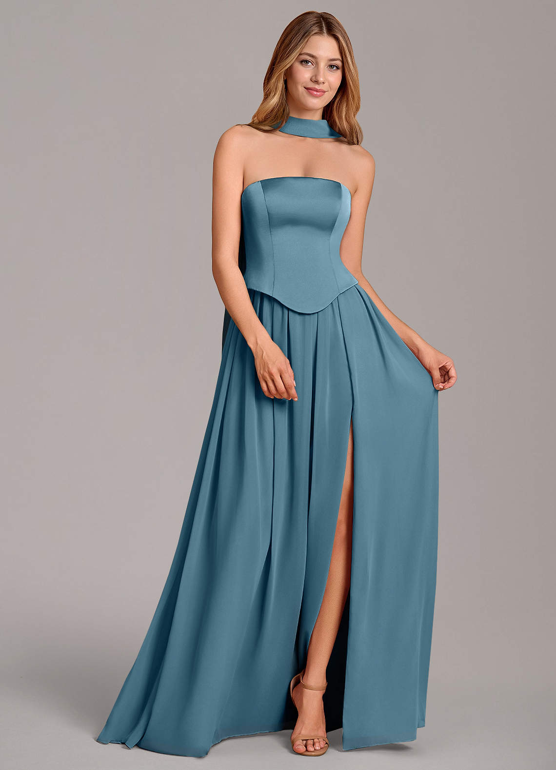 Cadence A-Line Strapless Chiffon and Stretch Satin Bridesmaid Dress in Bermuda