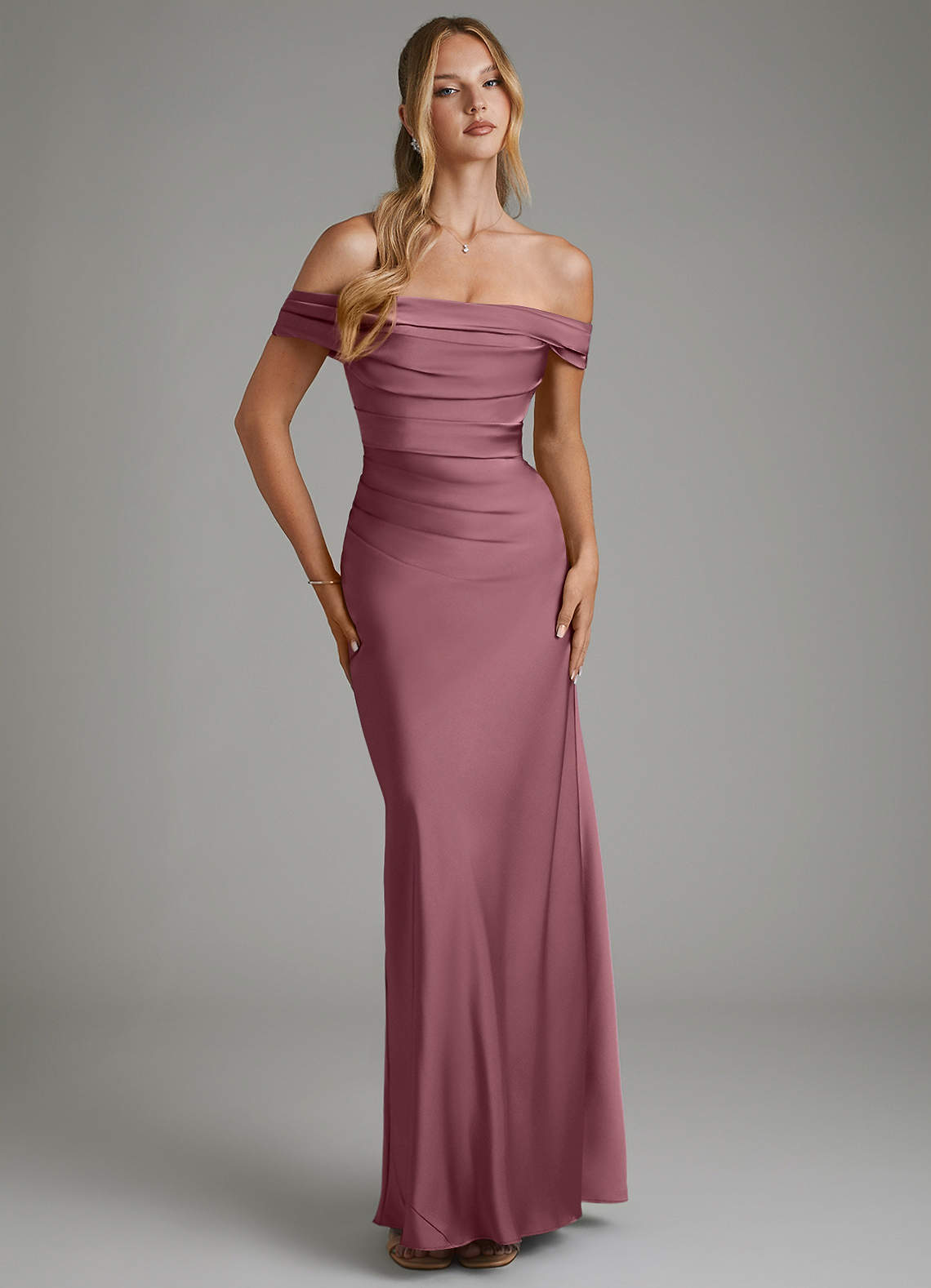 Hayden Mermaid Off-the-Shoulder Stretch Satin Bridesmaid Dress in Desert Rose