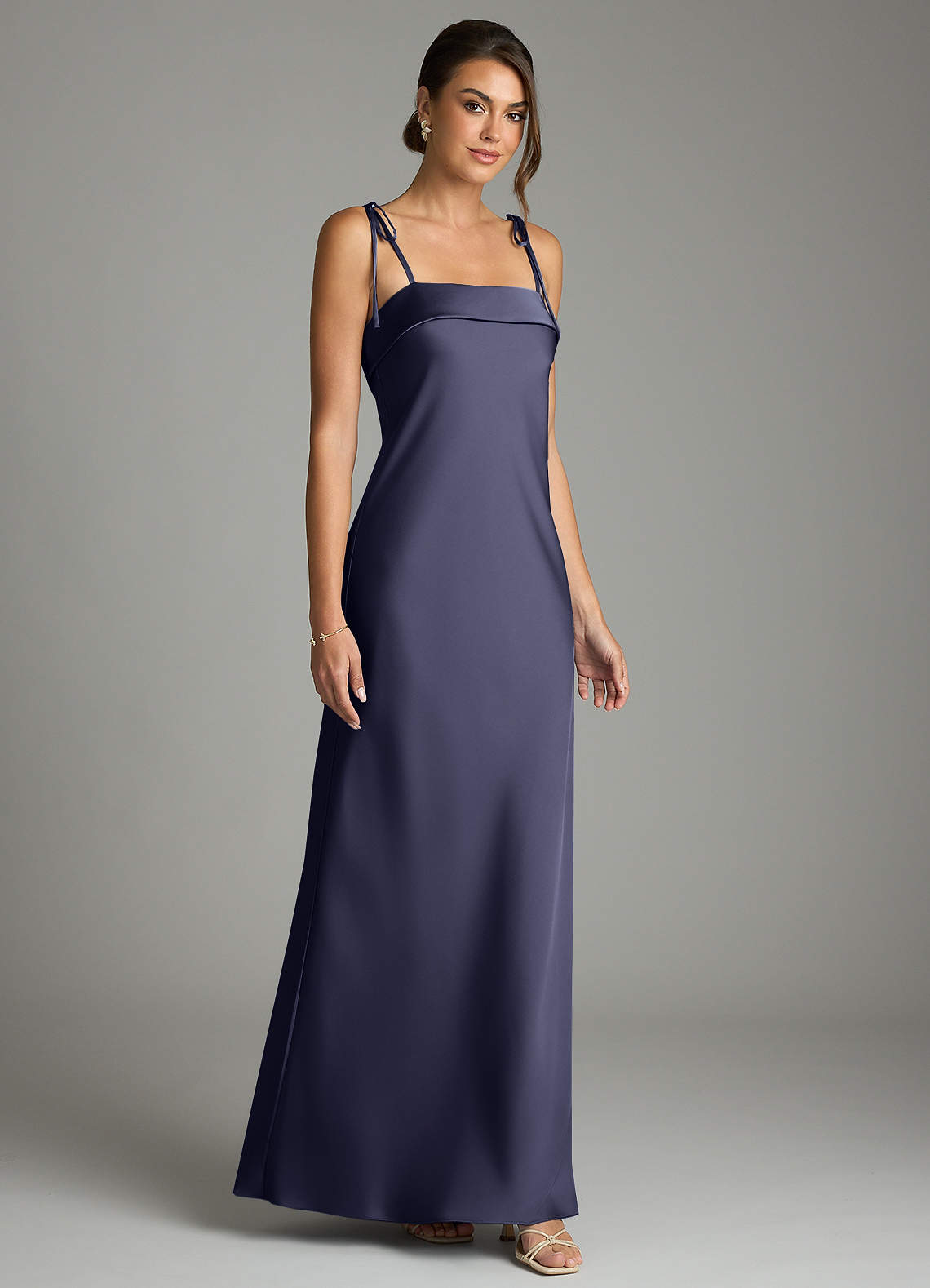 Ellia Sheath Straight-Neck Stretch Satin Bridesmaid Dress in Stormy