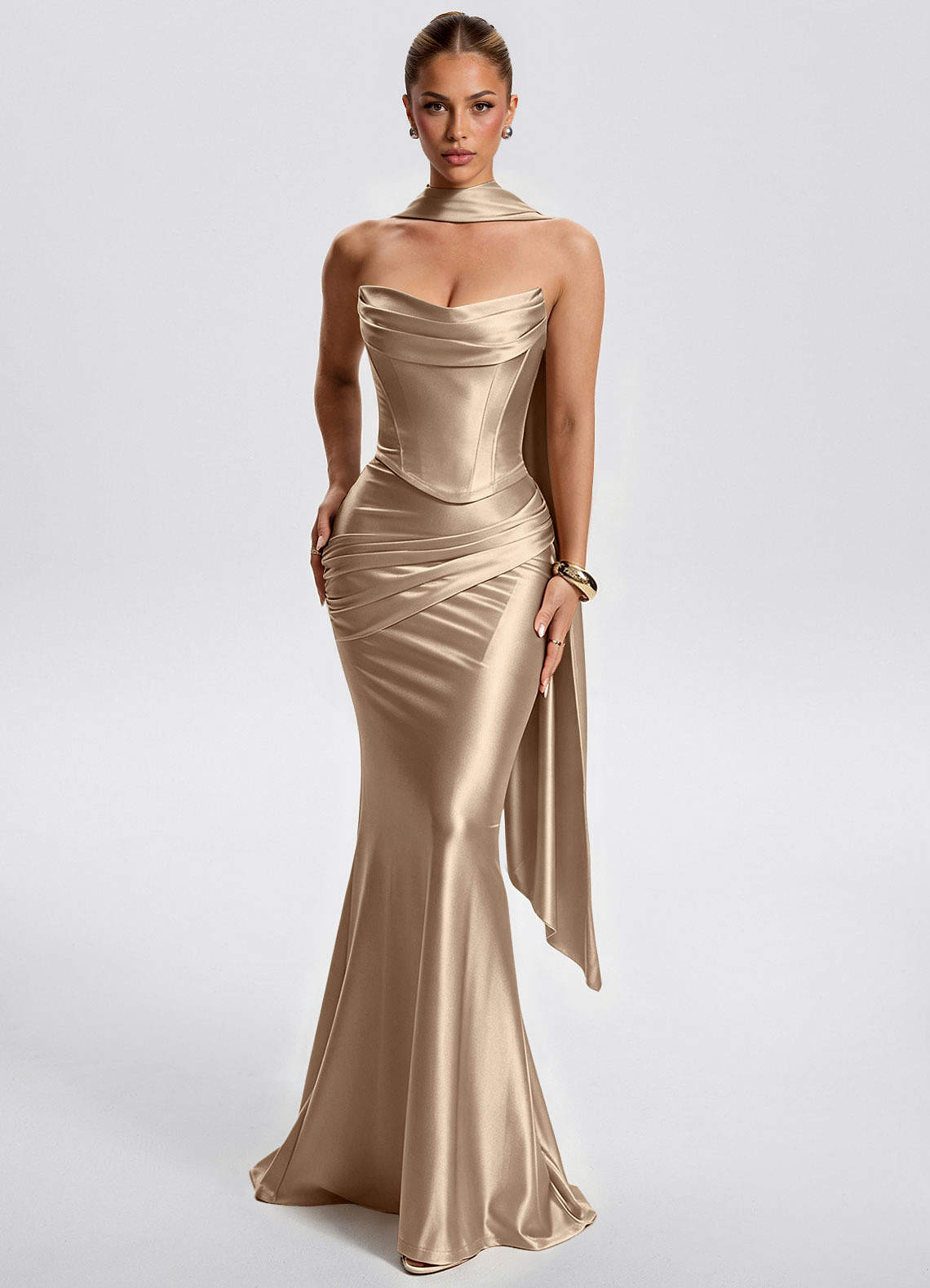 Fernley Mermaid Corset Stretch Satin Evening Dress in Ganache