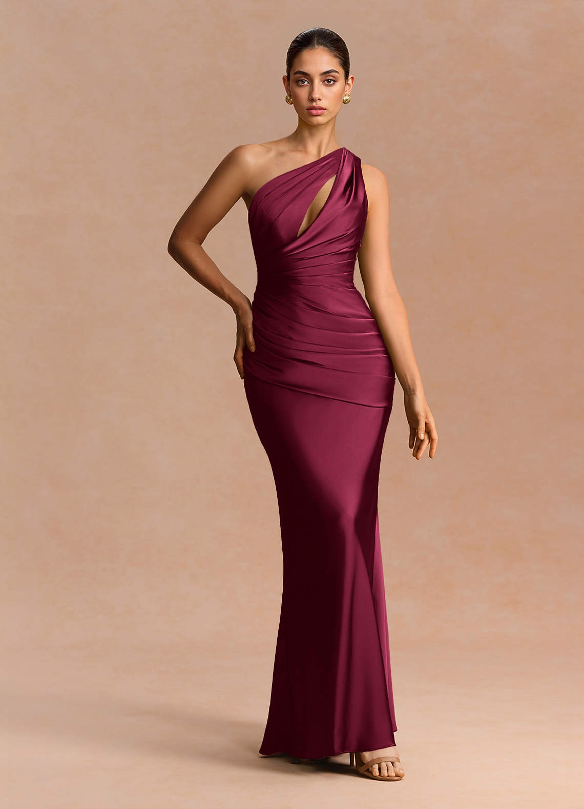 Guinevere One-Shoulder Cutout Stretch Satin Evening Dress in Merlot