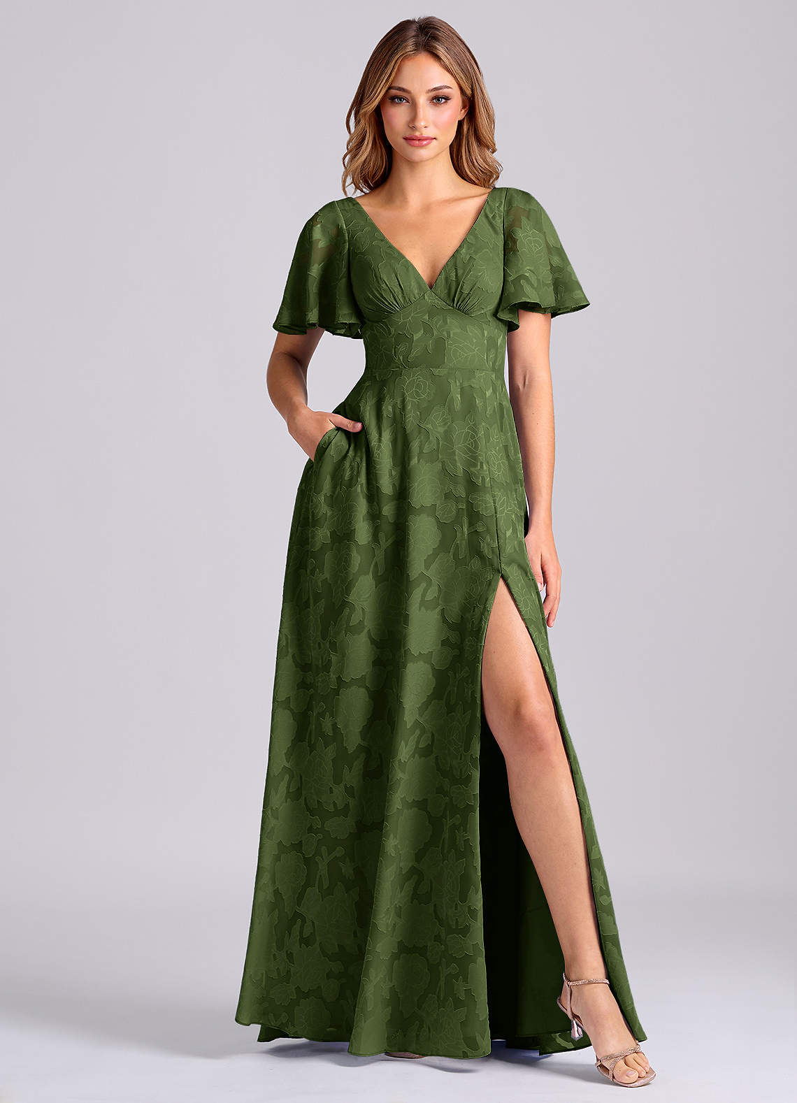 Kimber A-Line V-Neck Floral Burnout Bridesmaid Dress in Olive