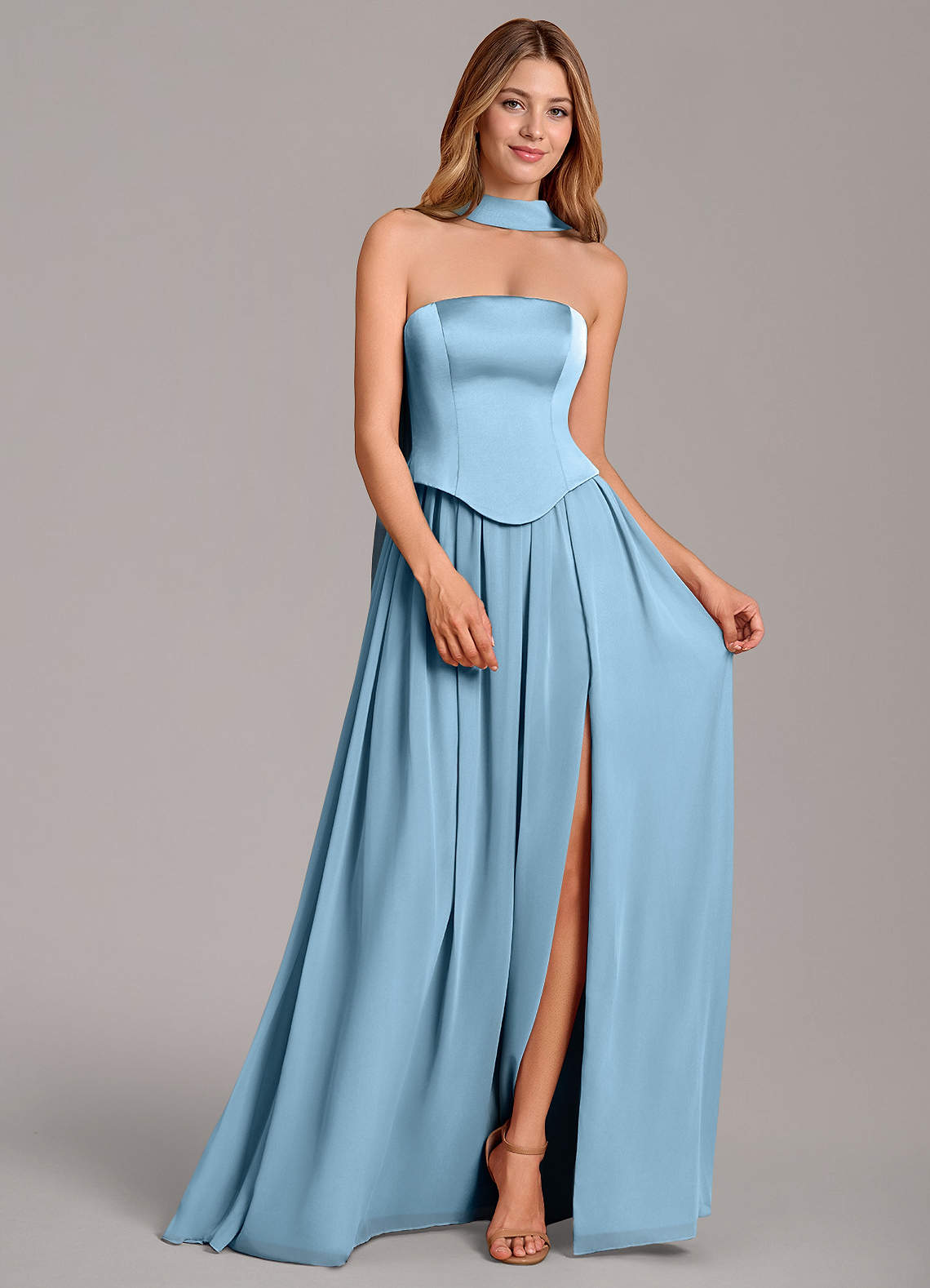 Cadence A-Line Strapless Chiffon and Stretch Satin Bridesmaid Dress in Steel Blue