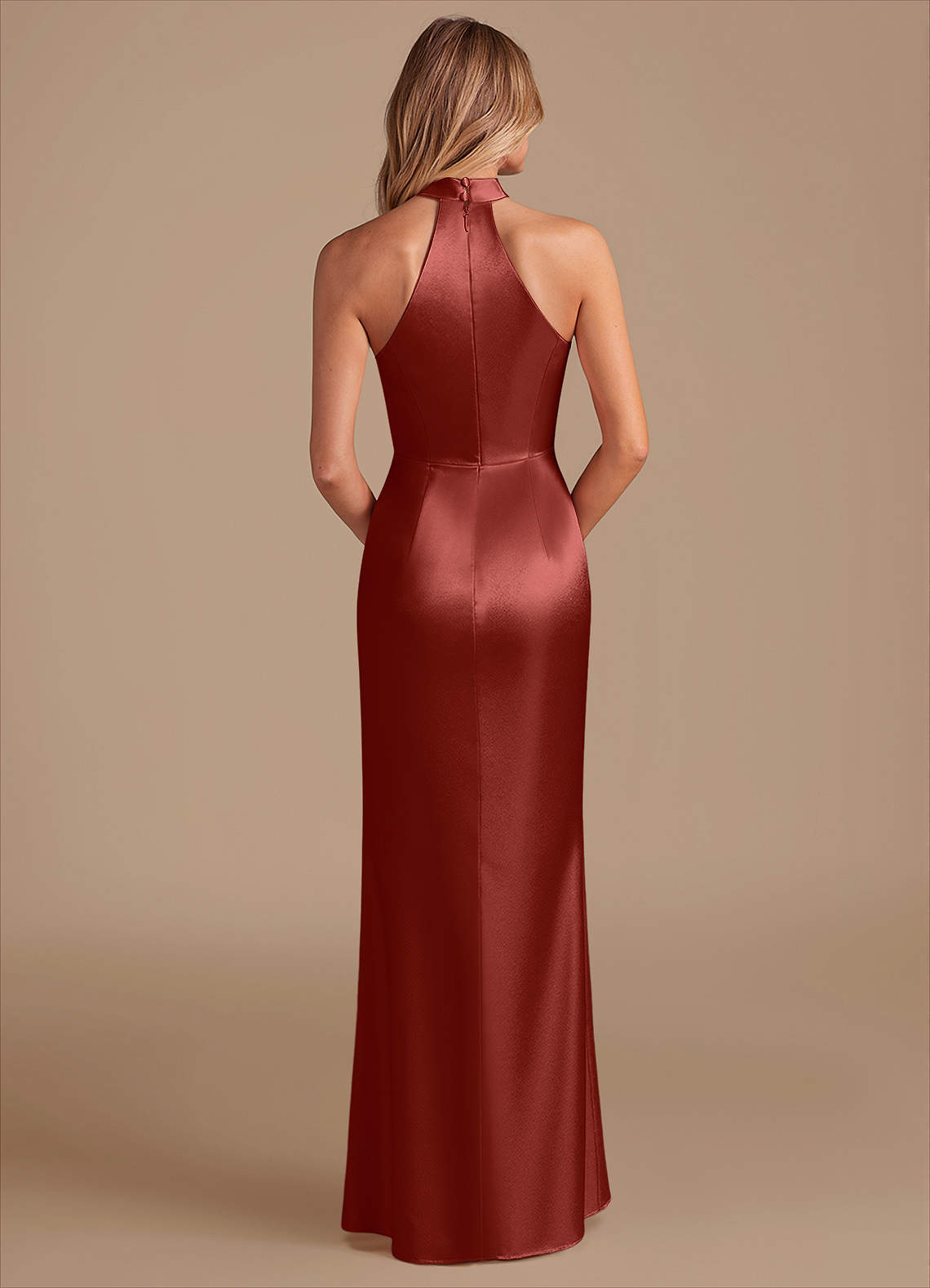 Karlotta Sheath Halter-Neck Metallic Satin Bridesmaid Dress in Terracotta