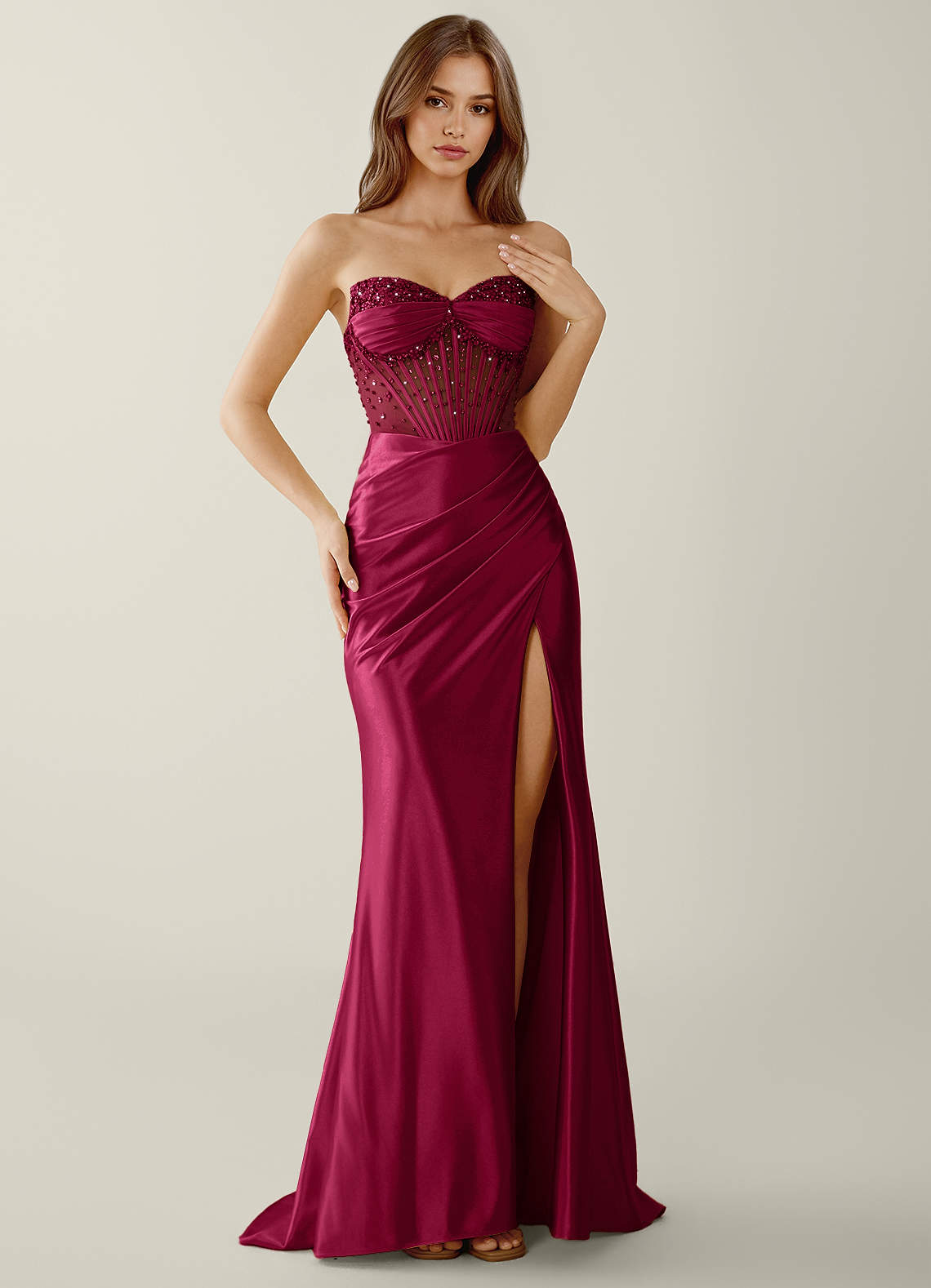 Willa Mermaid Strapless Sequined Satin Evening Dress in black