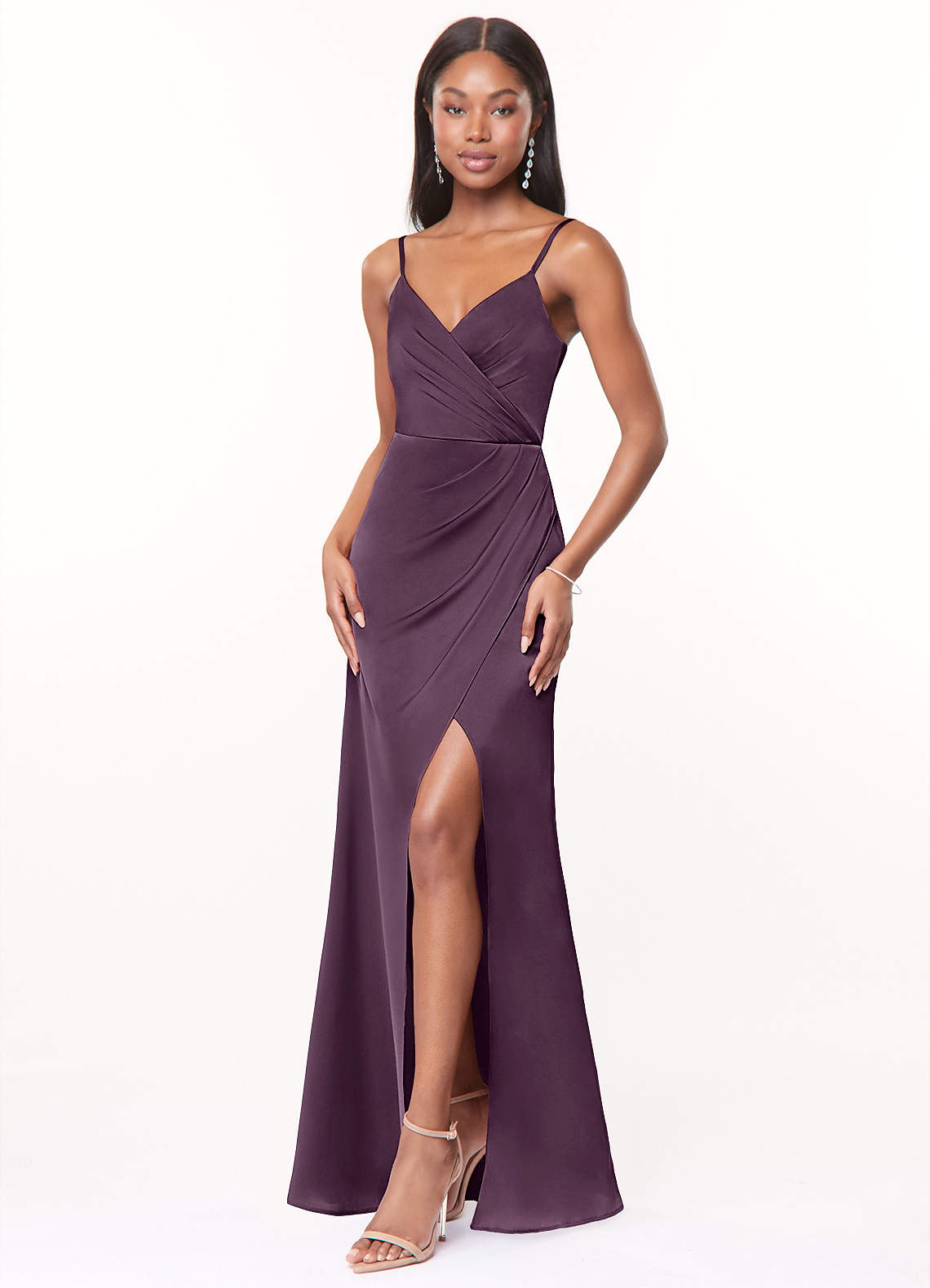 Maci A-Line V-Neck Stretch Satin Bridesmaid Dress in Plum