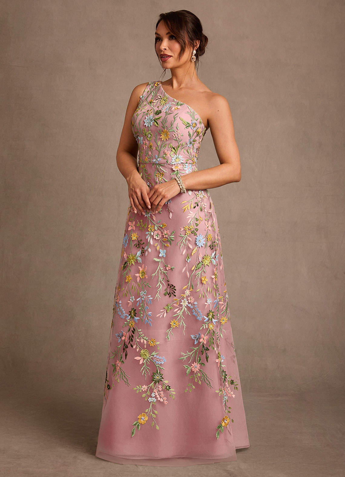 Bertie A-Line One-Shoulder Lace Mother of the Bride Dress in Dusty Rose