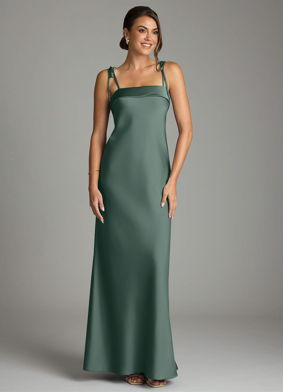 Ellia Sheath Straight-Neck Stretch Satin Bridesmaid Dress in Sea Moss