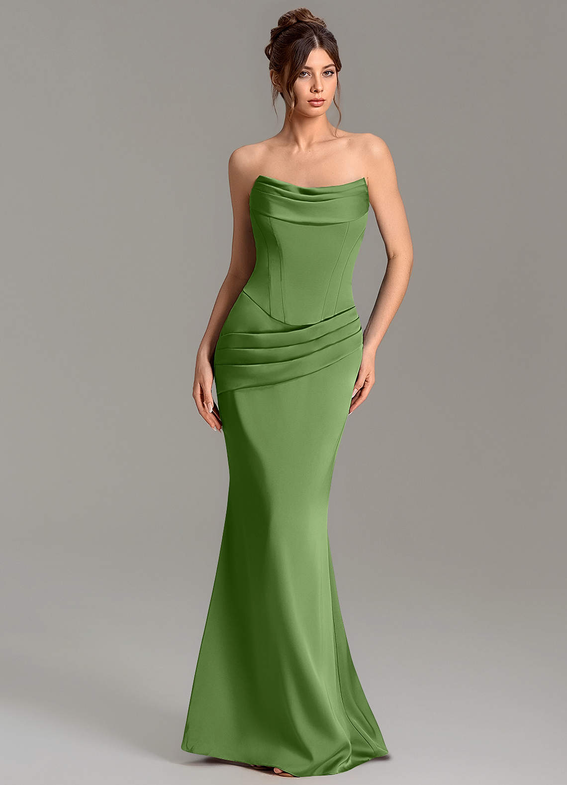 Adrienne Mermaid Cowl-Neck Stretch Satin Bridesmaid Dress in Basil
