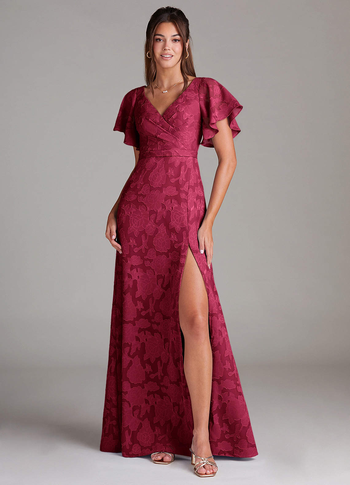 Ambrosia A-Line V-Neck Floral Burnout Bridesmaid Dress in Burgundy