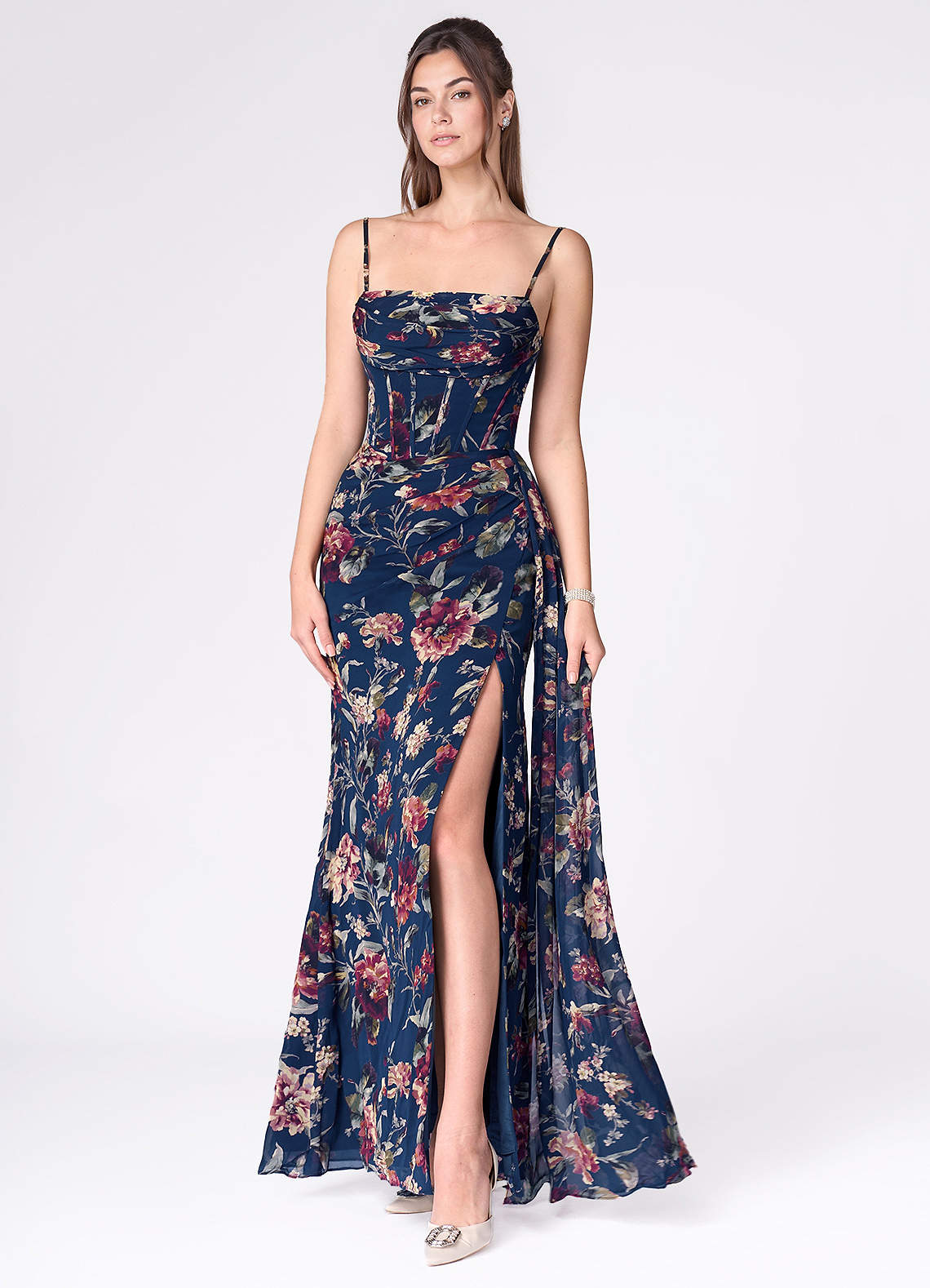 Aurra A-Line Pleated Floral Chiffon Wedding Guest Dress in Mauve Multi