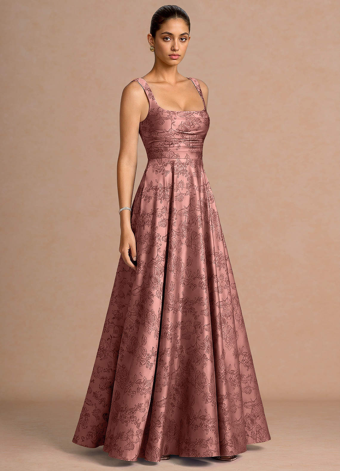 Azaria A-Line Square-Neck Jacquard Evening Dress in Vintage Rose