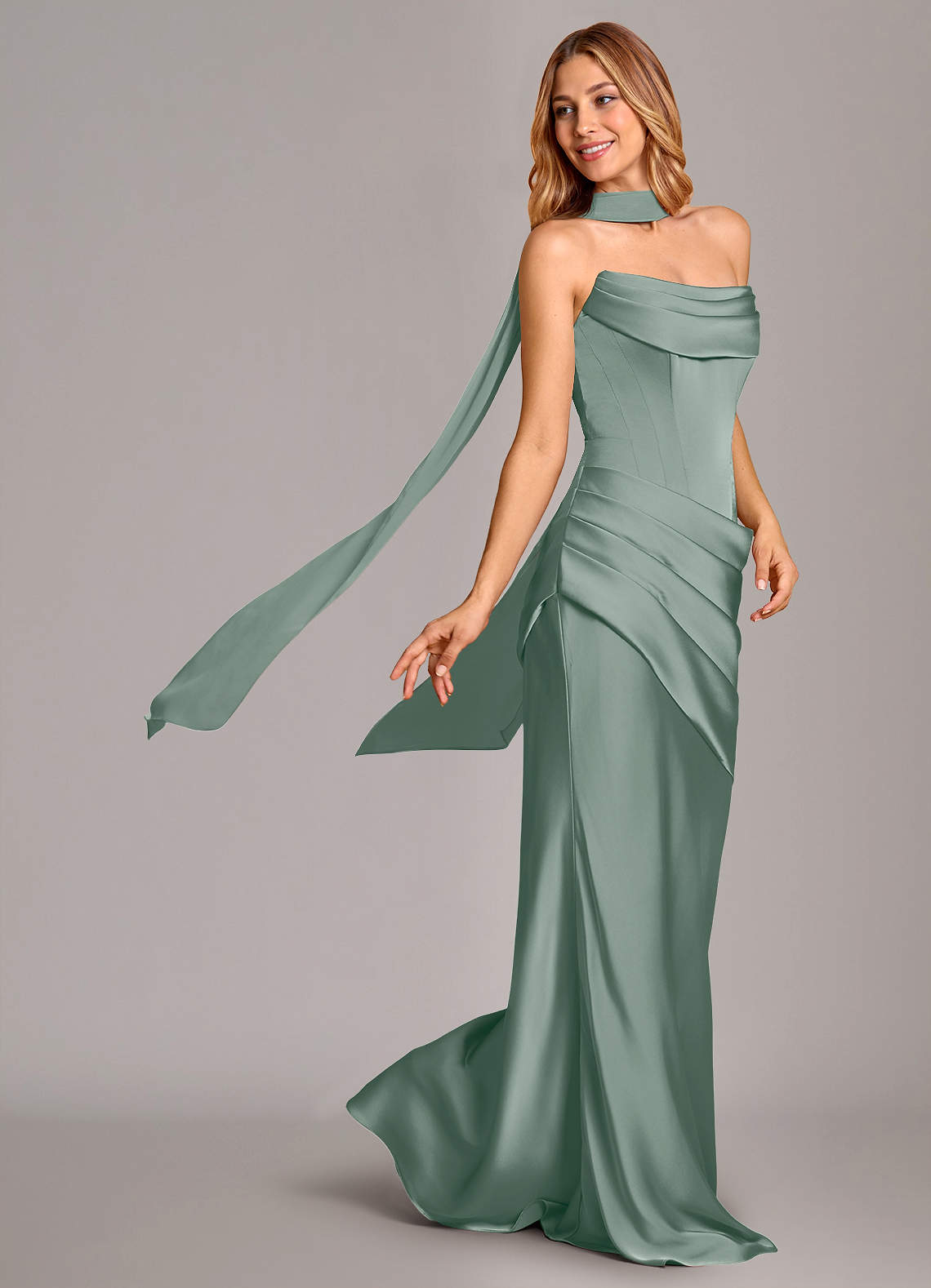 Pelagia Mermaid Cowl-Neck Stretch Satin Bridesmaid Dress in Silver Sage
