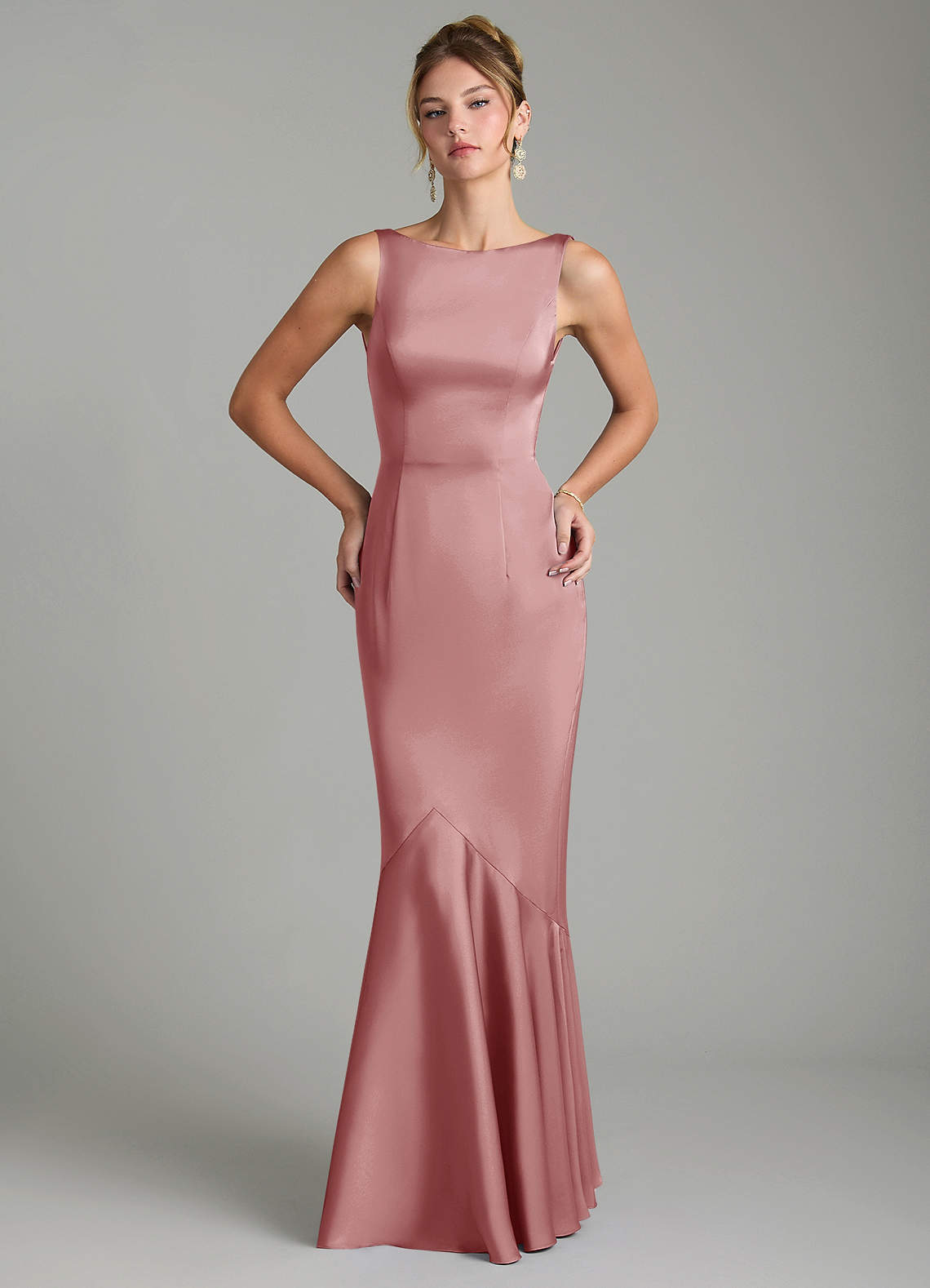 Tamera Mermaid Boat-Neck Stretch Satin and Chiffon Bridesmaid Dress in dusty rose