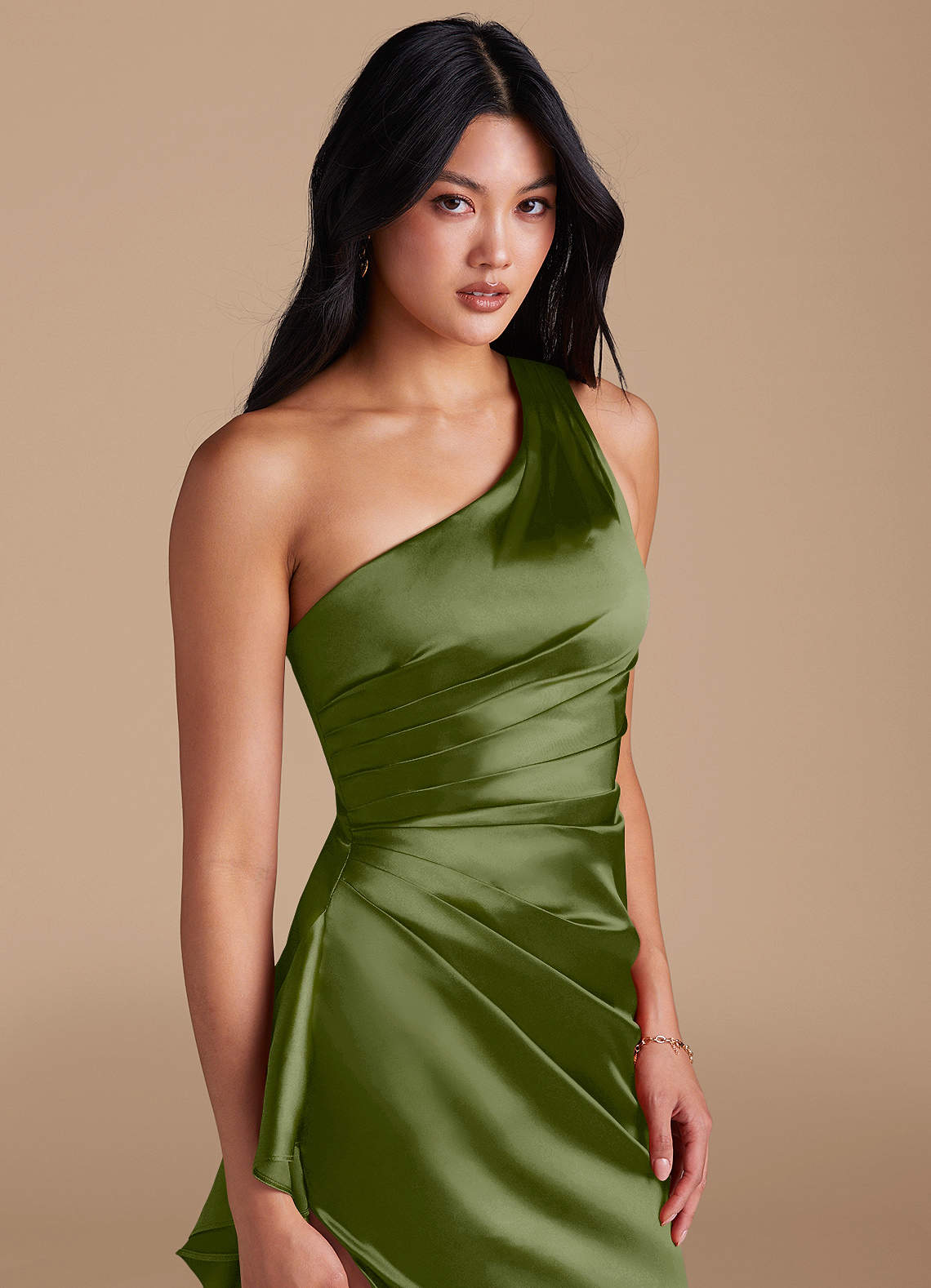 Latrice Sheath One-Shoulder Metallic Satin Bridesmaid Dress in Olive