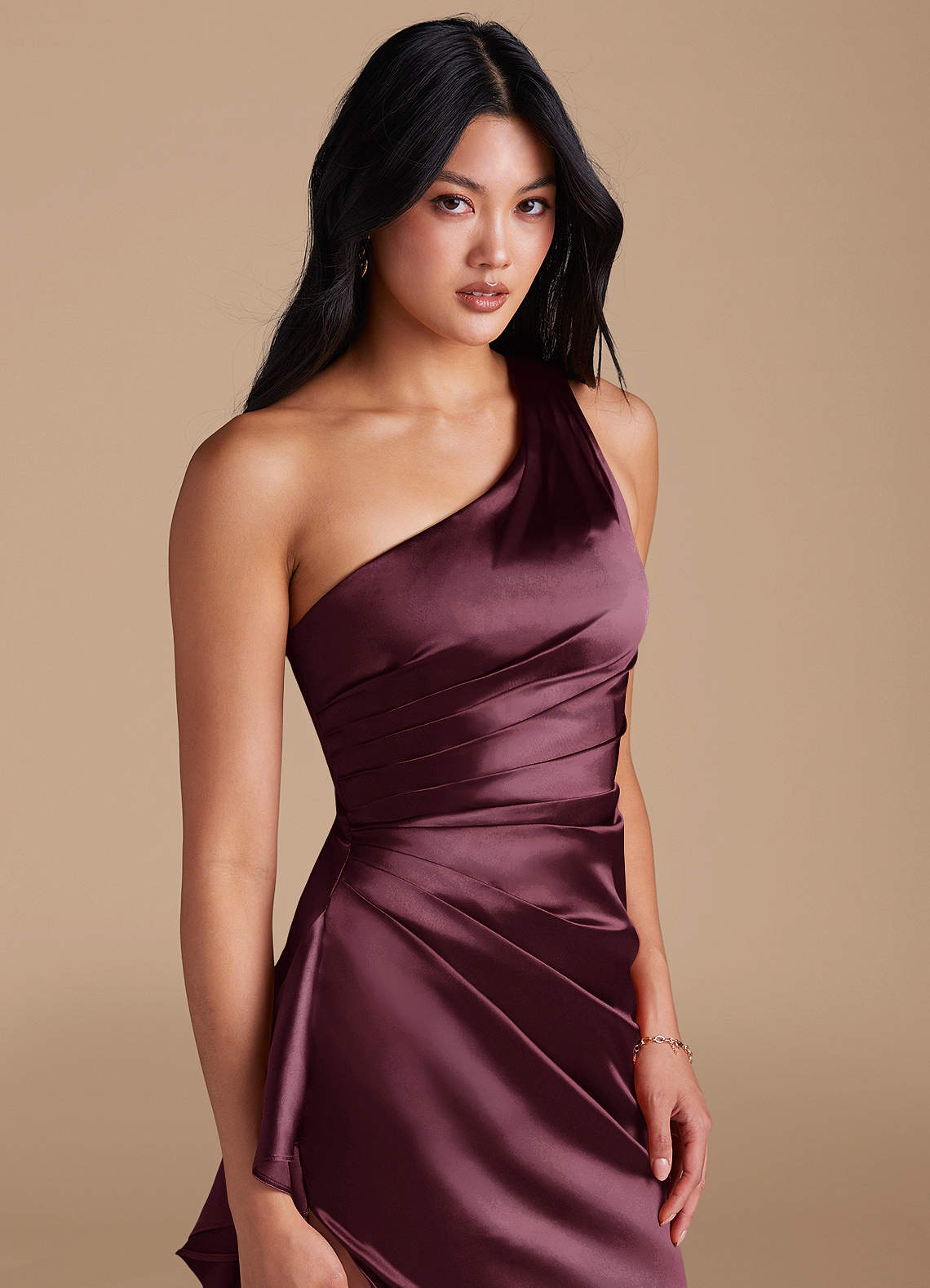 Latrice Sheath One-Shoulder Metallic Satin Bridesmaid Dress in Cabernet