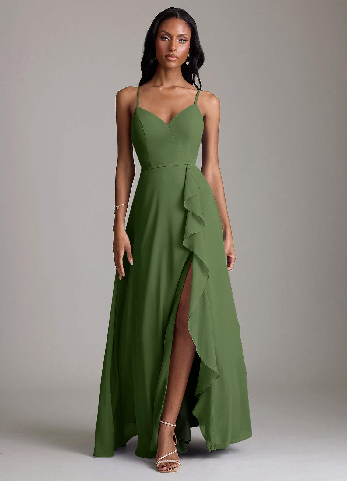 Naeem A-Line V-Neck Chiffon Bridesmaid Dress in Olive