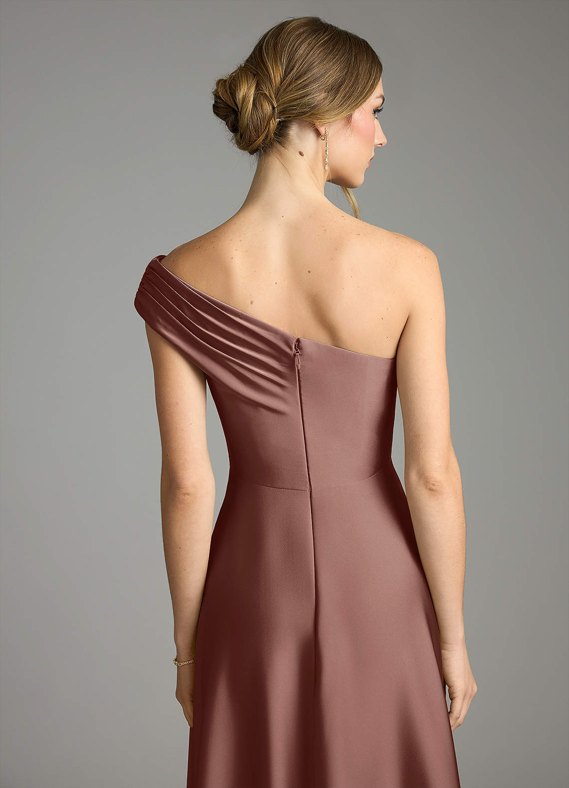 Melanie A-Line One-Shoulder Stretch Satin Bridesmaid Dress in Espresso