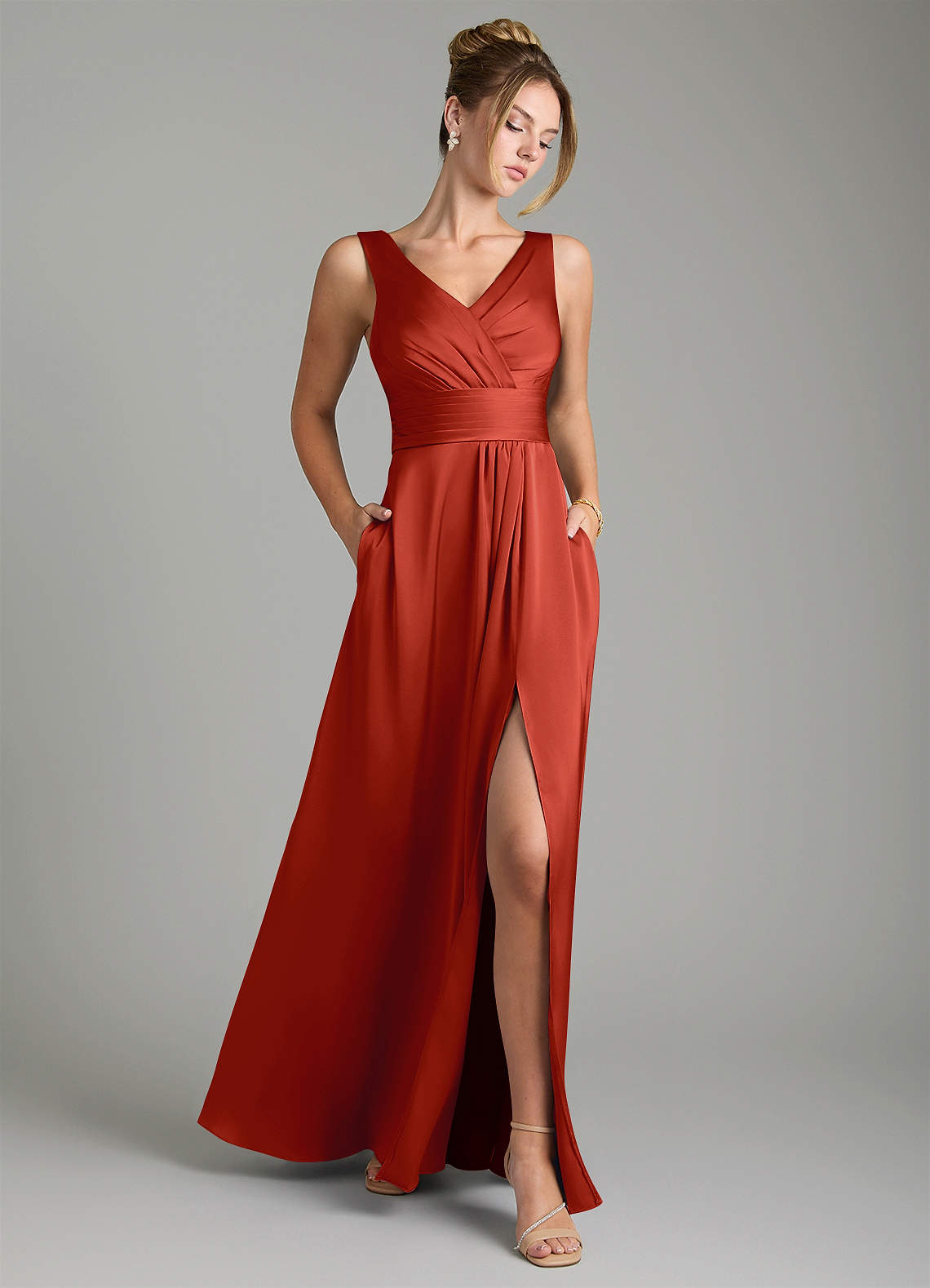 Karina A-Line V-Neck Stretch Satin Bridesmaid Dress in Rust