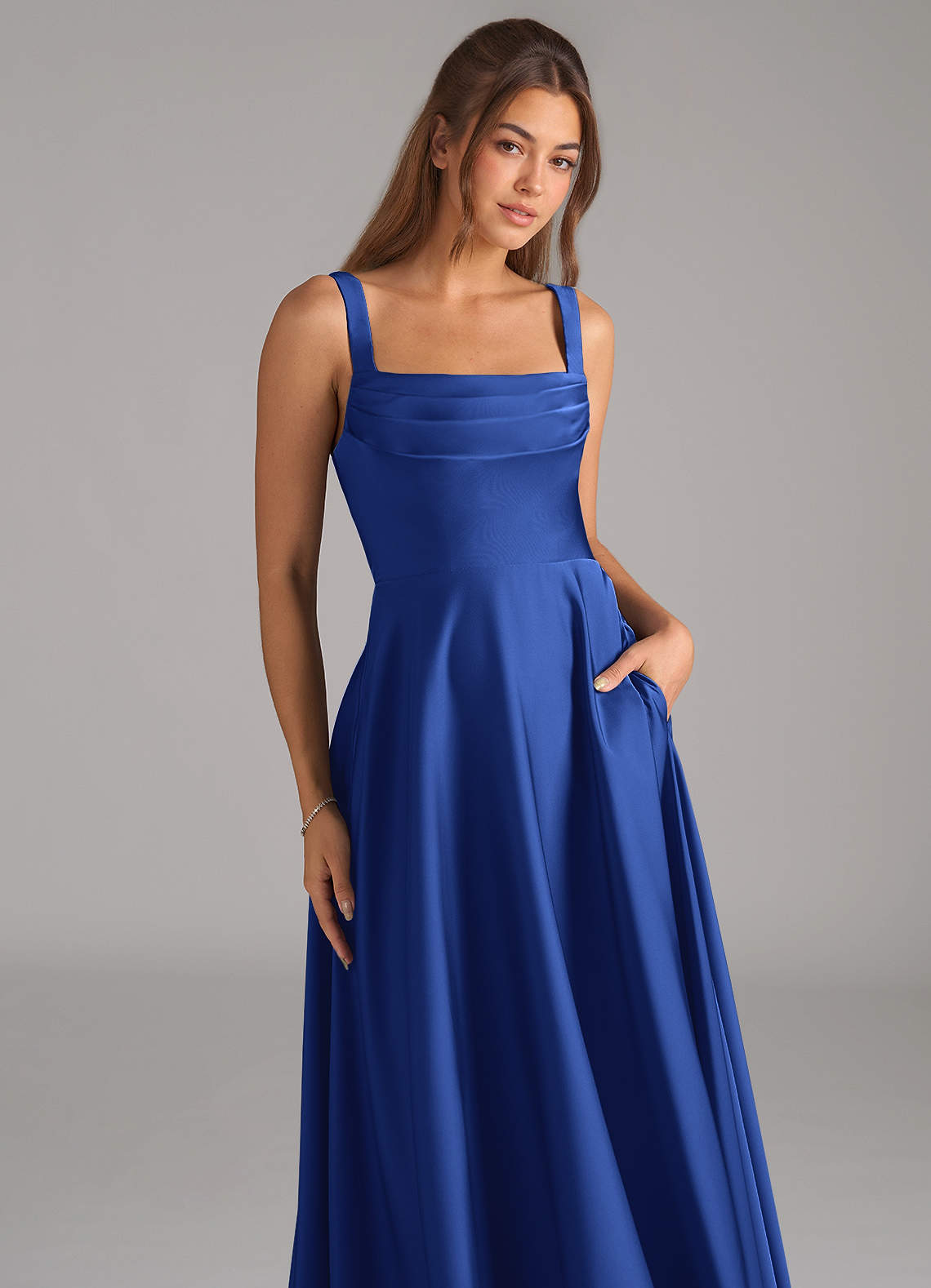 Shaude A-Line Square-Neck Stretch Satin Bridesmaid Dress in Royal Blue