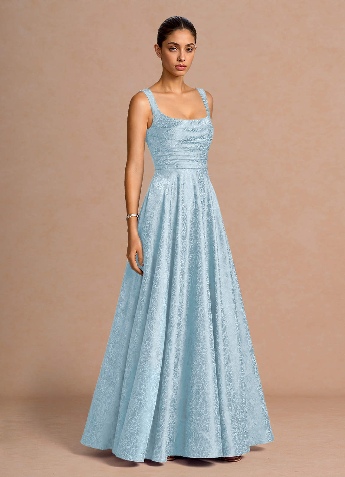 Elowena A-Line Square-Neck Satin Jacquard Evening Dress in Sky Blue