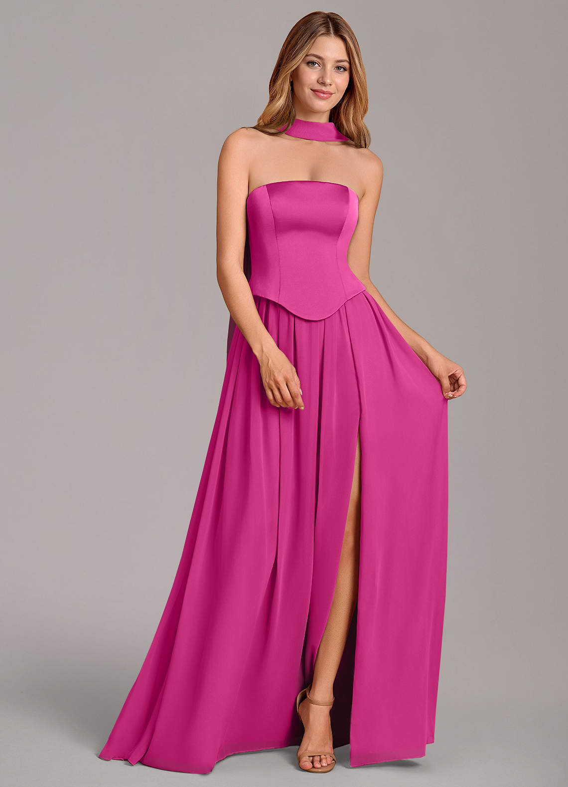 Cadence A-Line Strapless Chiffon and Stretch Satin Bridesmaid Dress in Fuchsia