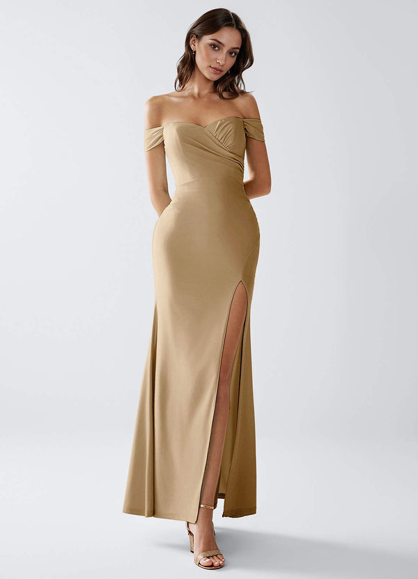 Crala Sheath Corset Stretch Knit Evening Dress in Dark Champagne