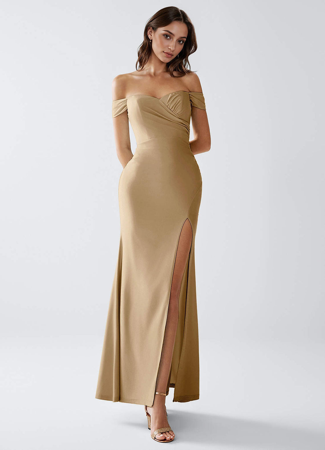 Crala Sheath Corset Stretch Knit Evening Dress in Dark Champagne