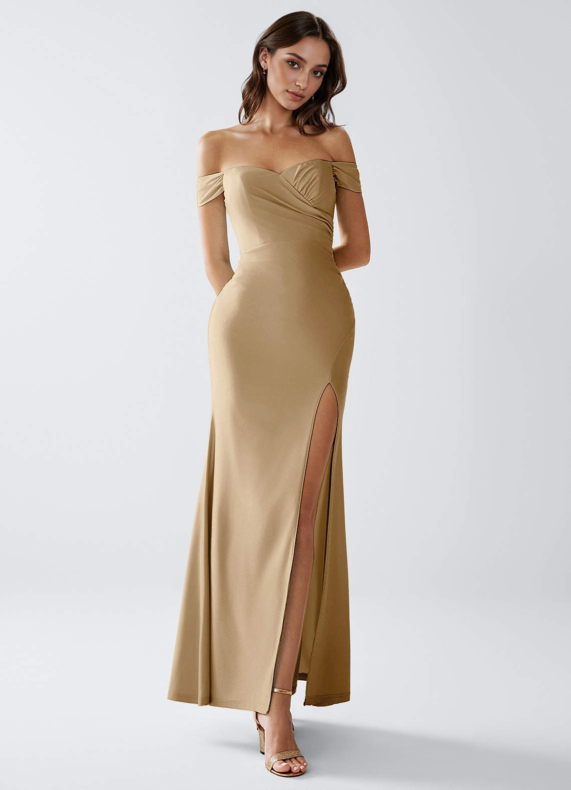 Crala Sheath Corset Stretch Knit Evening Dress in Dark Champagne