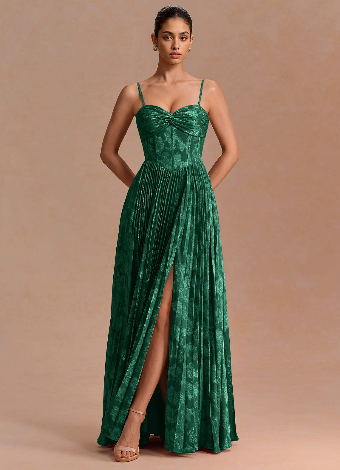 Delfina A-Line Twisted-Bust Fil Coupé Evening Dress in Hunter Green