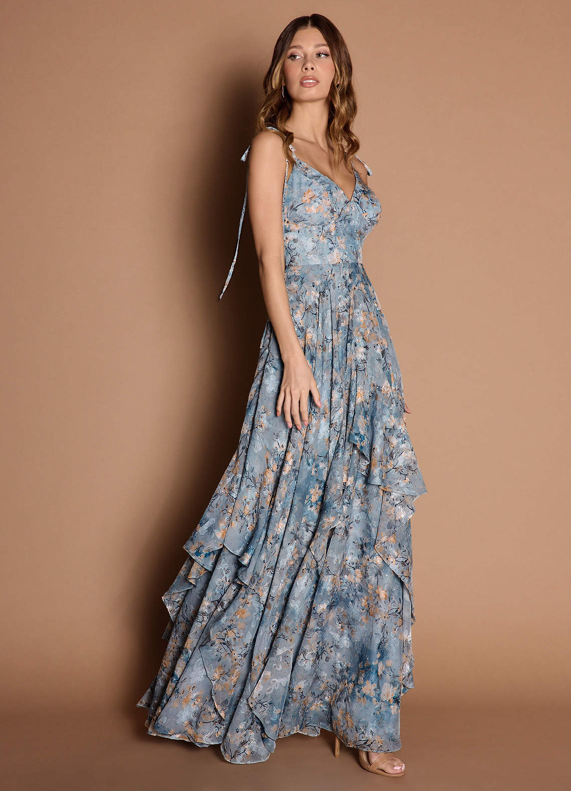 Harmony A-Line V-Neck Floral Fil Coupé Wedding Guest Dress in Powder Blue