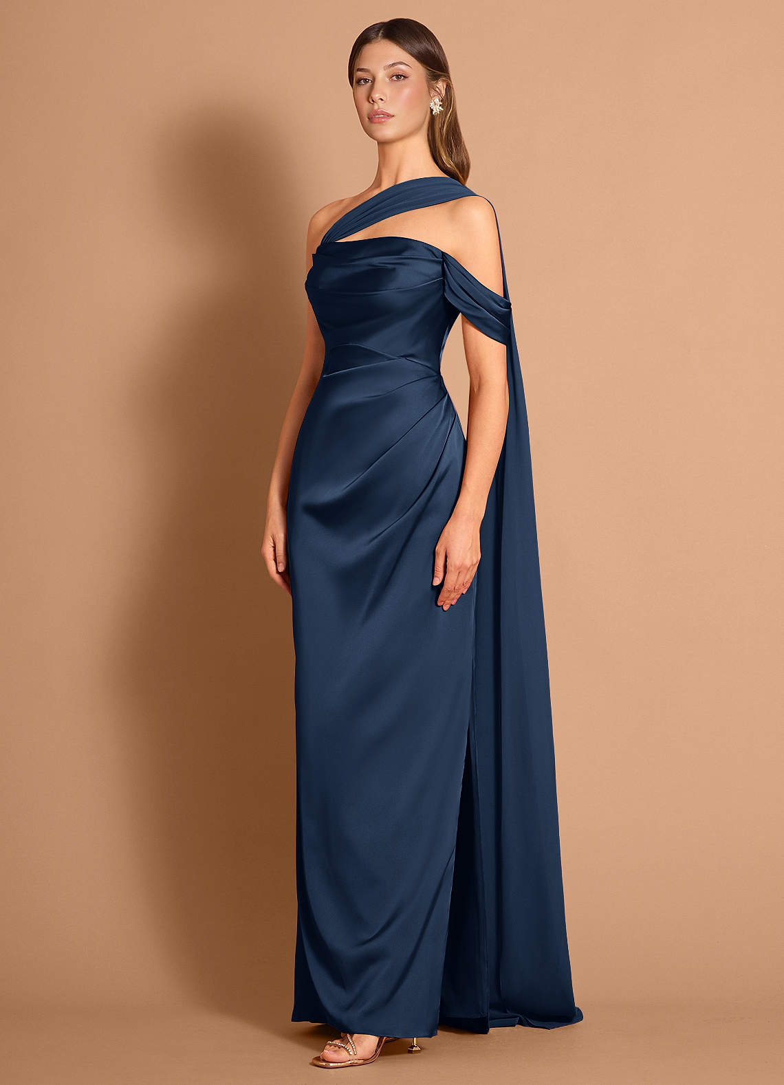 Meliora Asymmetric Strapless Chiffon-Drape Stretch Satin Evening Dress in Haze Pink