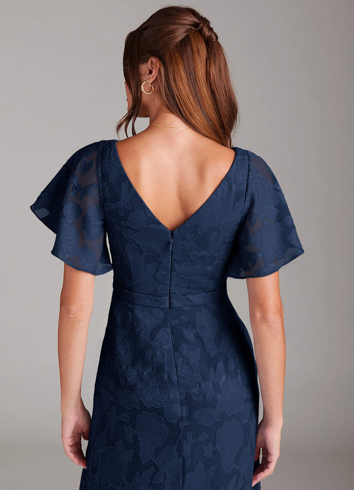 Ambrosia A-Line V-Neck Floral Burnout Bridesmaid Dress in Dark Navy