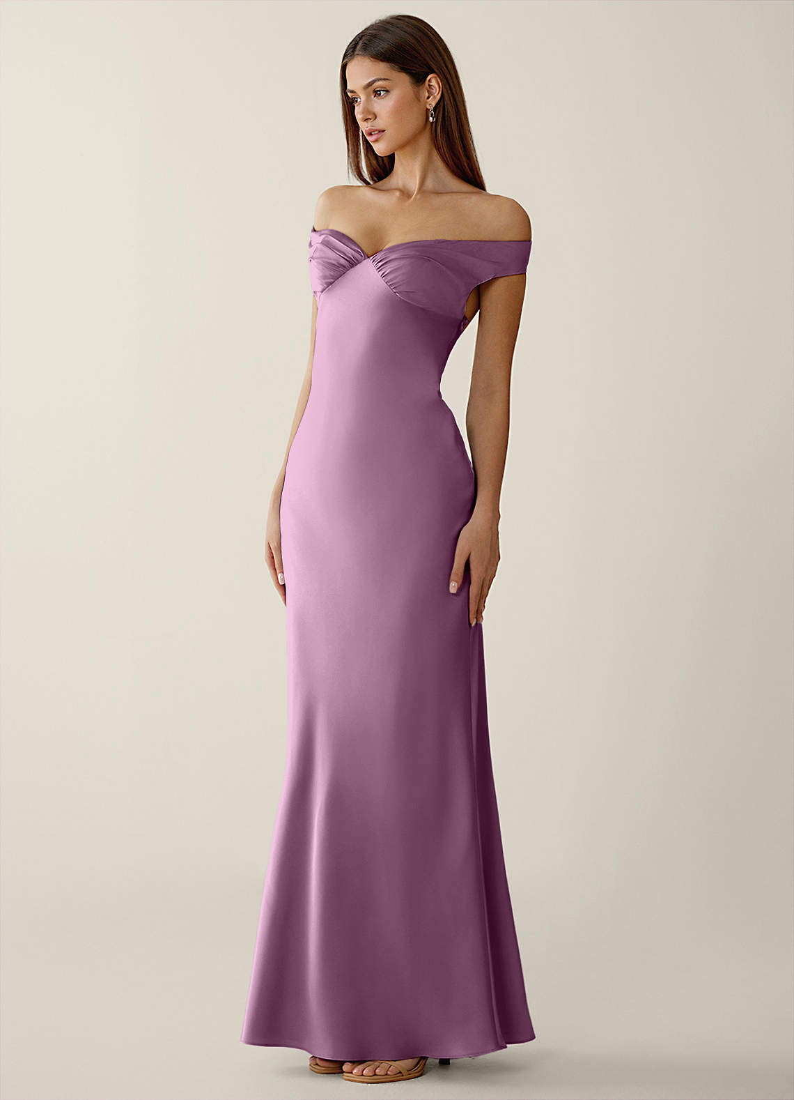 Gwendonme Sheath Off-the-Shoulder Satin Crystal Linen Evening Dress in Wisteria