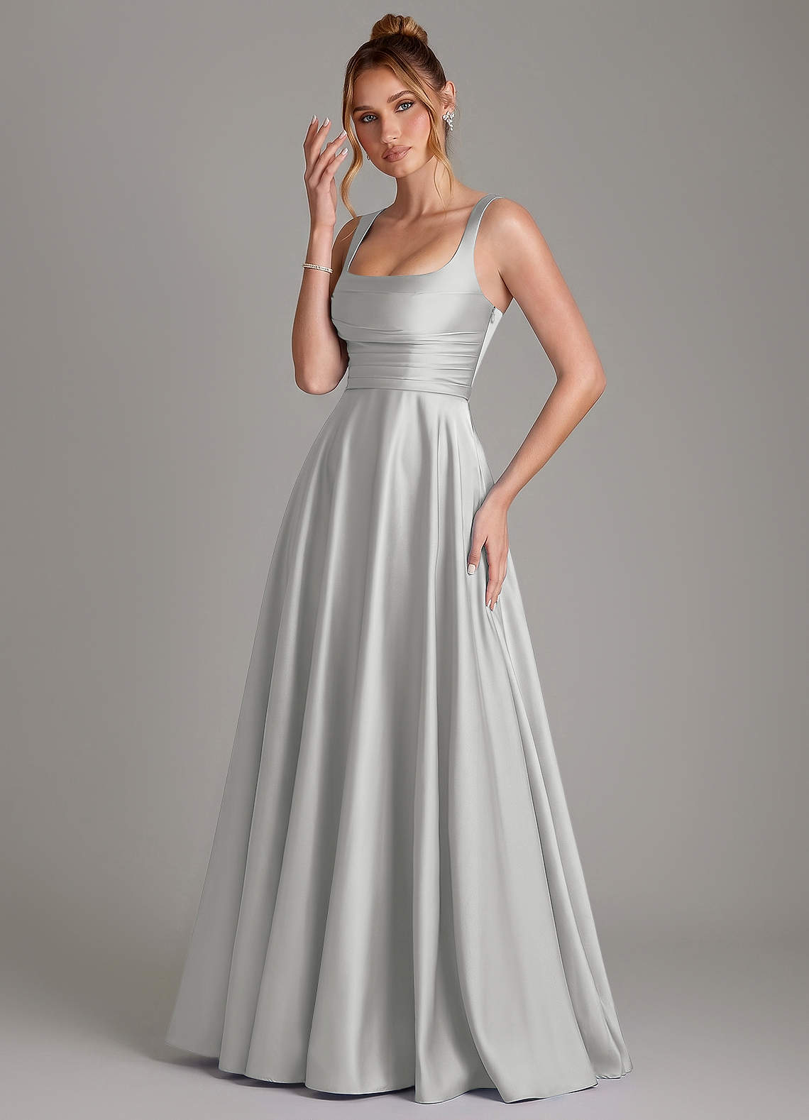 Azaria A-Line Square-Neck Stretch Satin Bridesmaid Dress in Silver