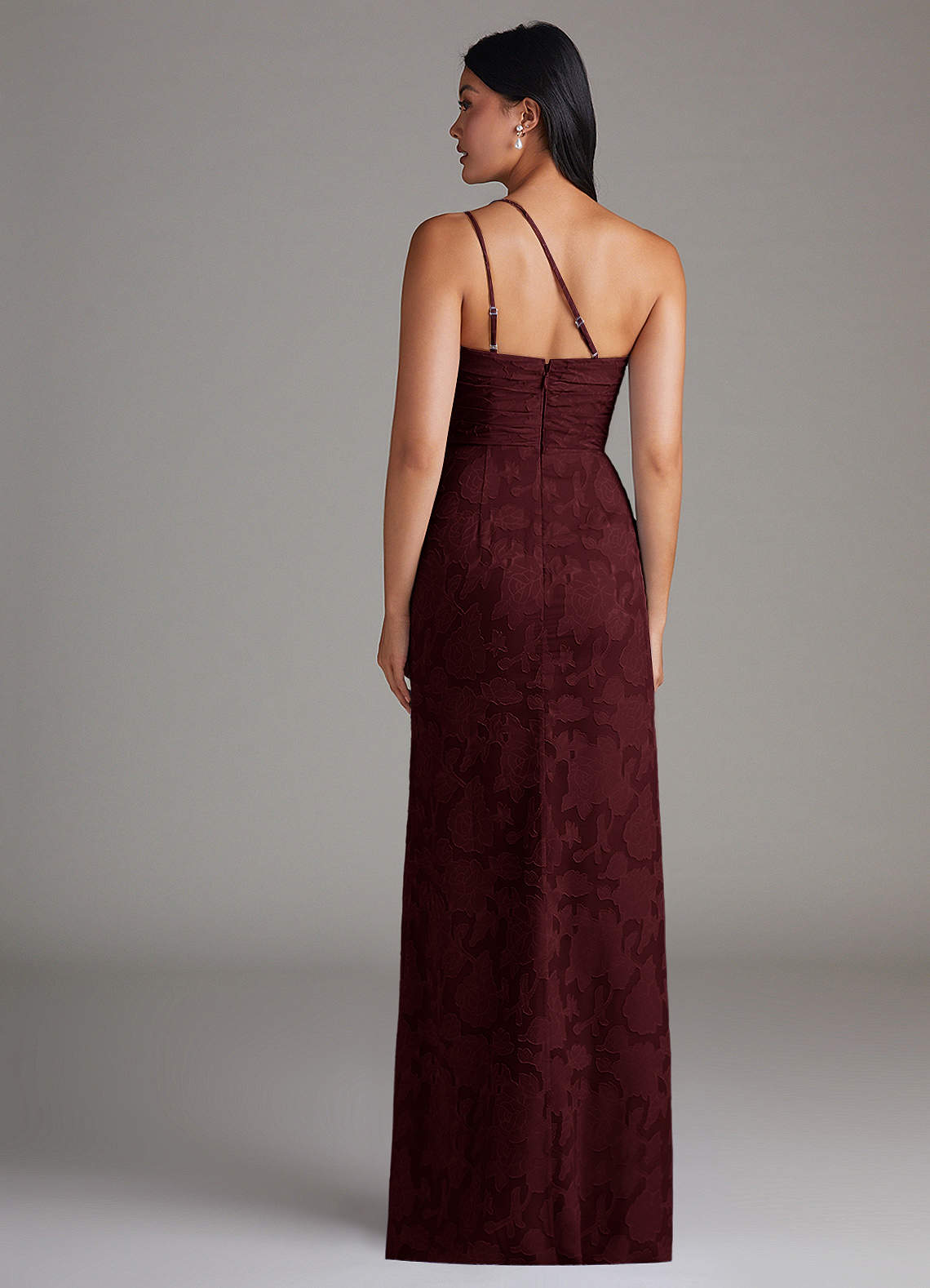 Eren Sheath One-Shoulder Floral Burnout Bridesmaid Dress in Cabernet