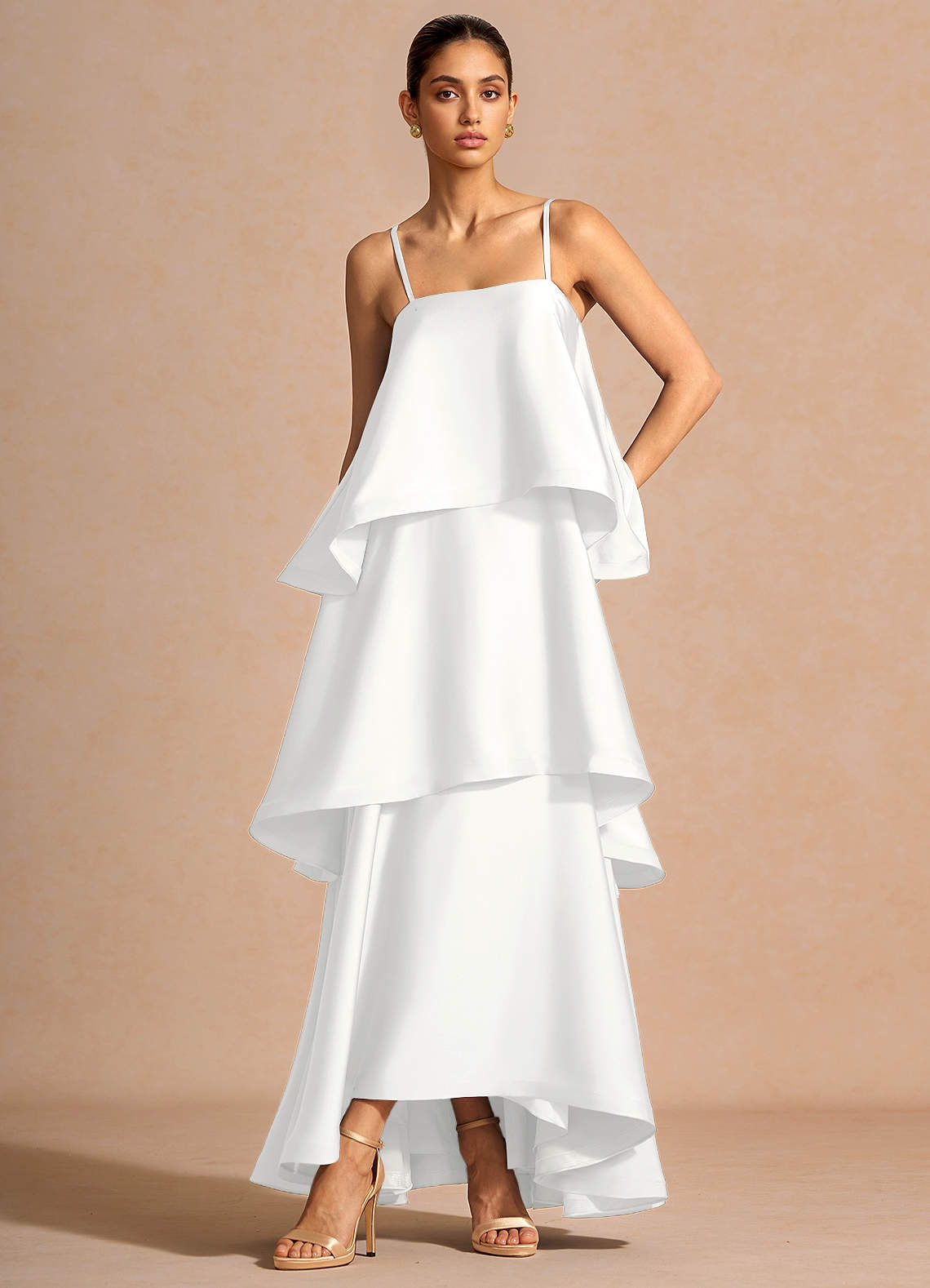 Itasca A-Line Tiered Stretch Satin Wedding Guest Dress in White