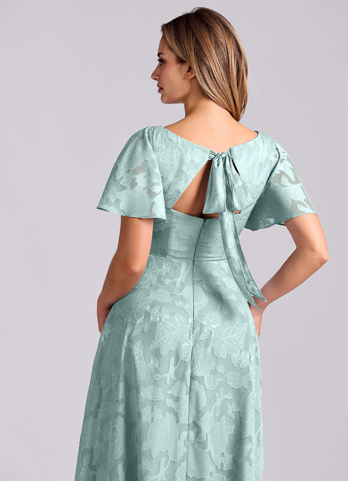 Kimber A-Line V-Neck Floral Burnout Bridesmaid Dress in Mist