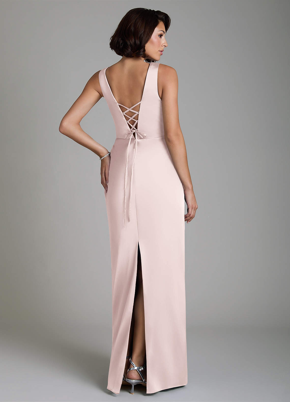 Vanya Sheath V-Neck Stretch Satin Bridesmaid Dress in Blushing Pink
