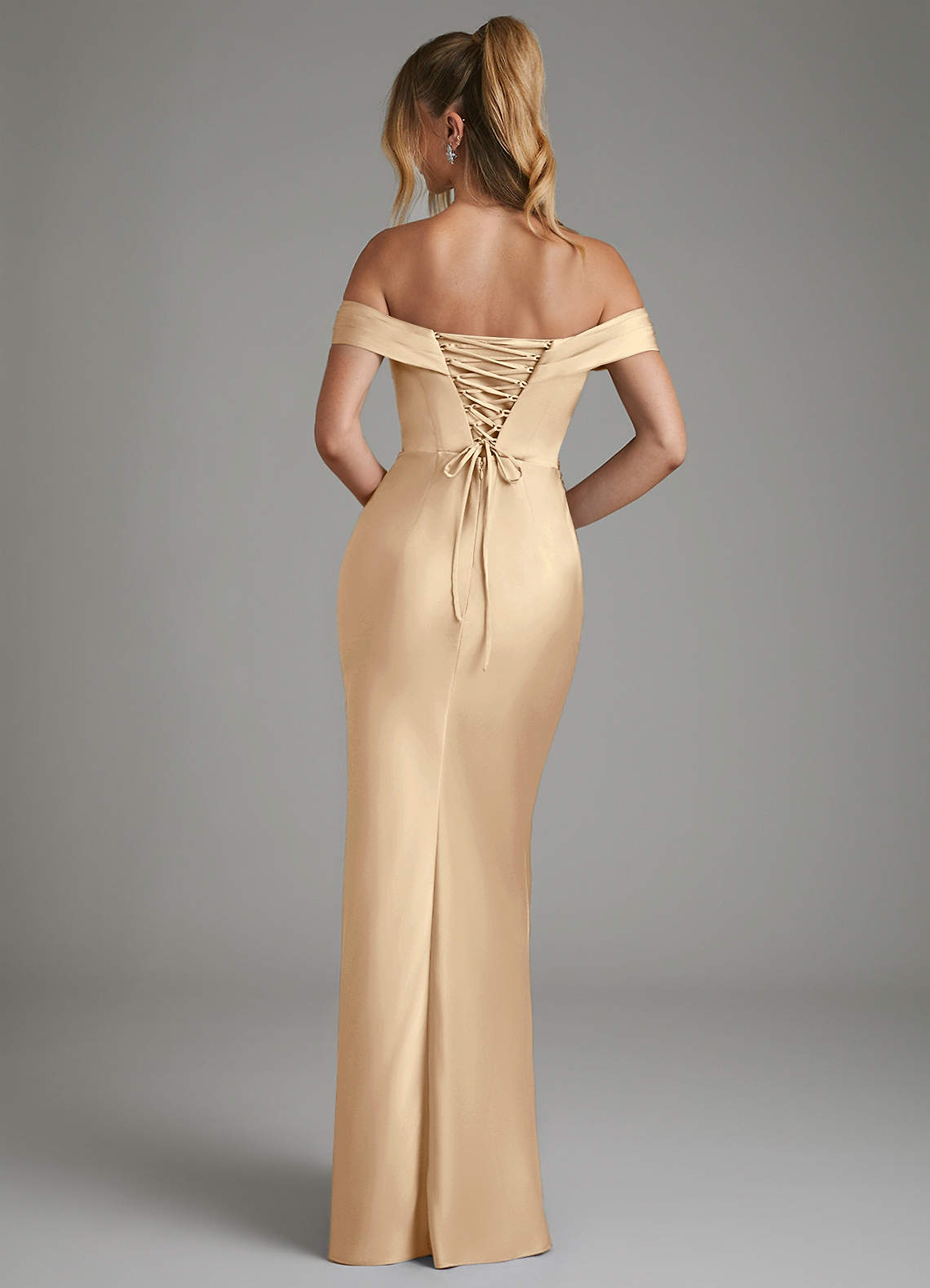 Hayden Mermaid Off-the-Shoulder Stretch Satin Bridesmaid Dress in Champagne