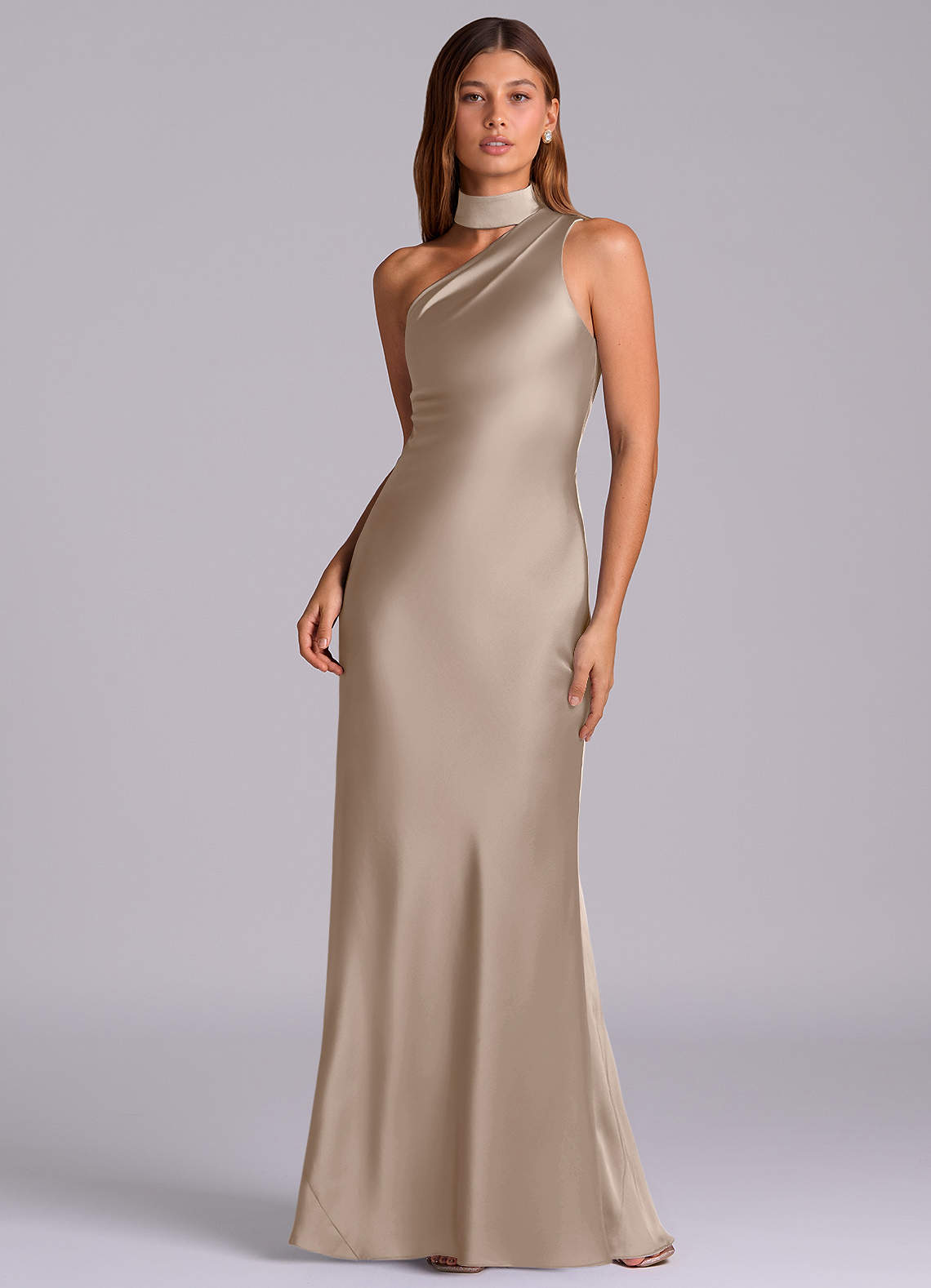 Seona Mermaid One-Shoulder Stretch Satin and Tulle Bridesmaid Dress in Taupe