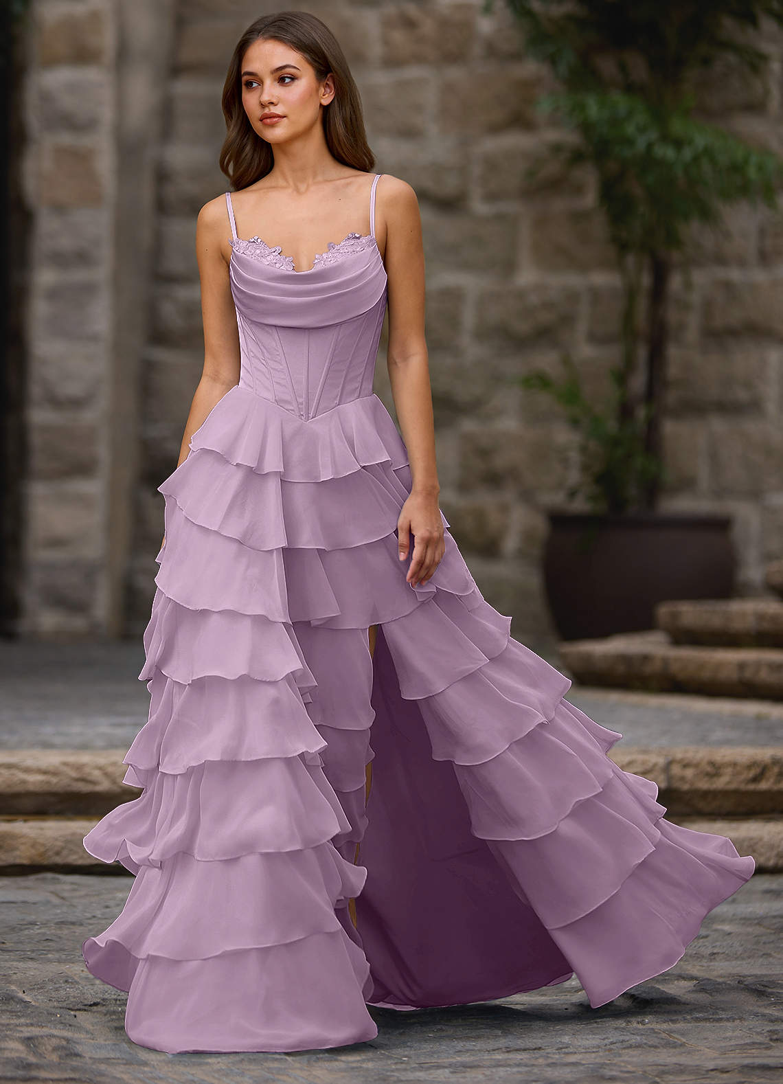 Floralace A-Line Ruffle Chiffon Evening Dress in Wisteria