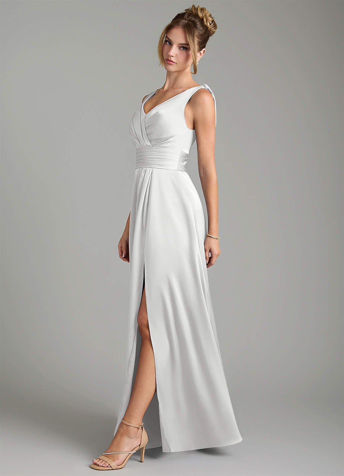 Karina A-Line V-Neck Stretch Satin Bridesmaid Dress in white