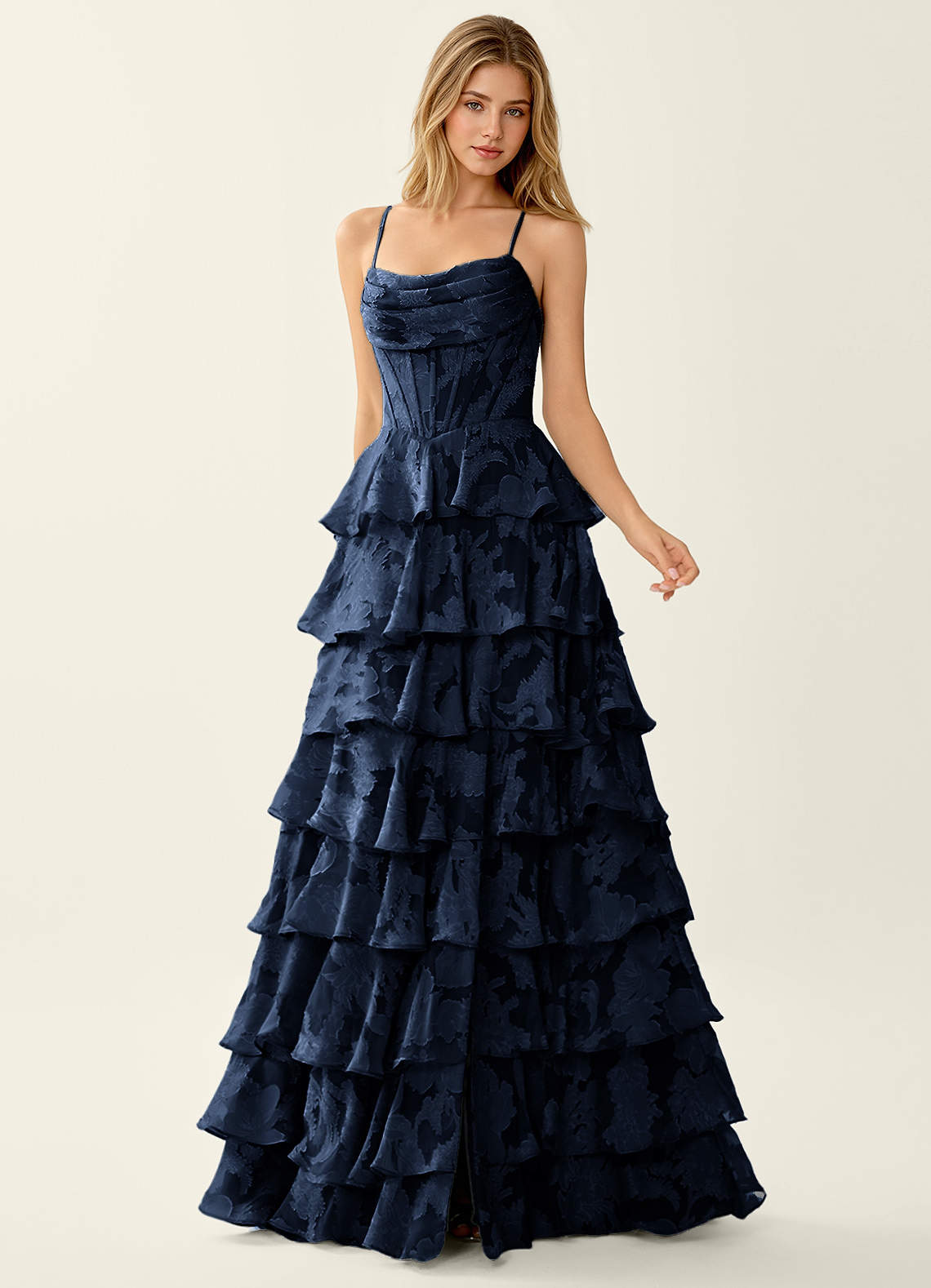 Wrenana A-Line Cowl-Neck Floral Burnout Evening Dress in Navy