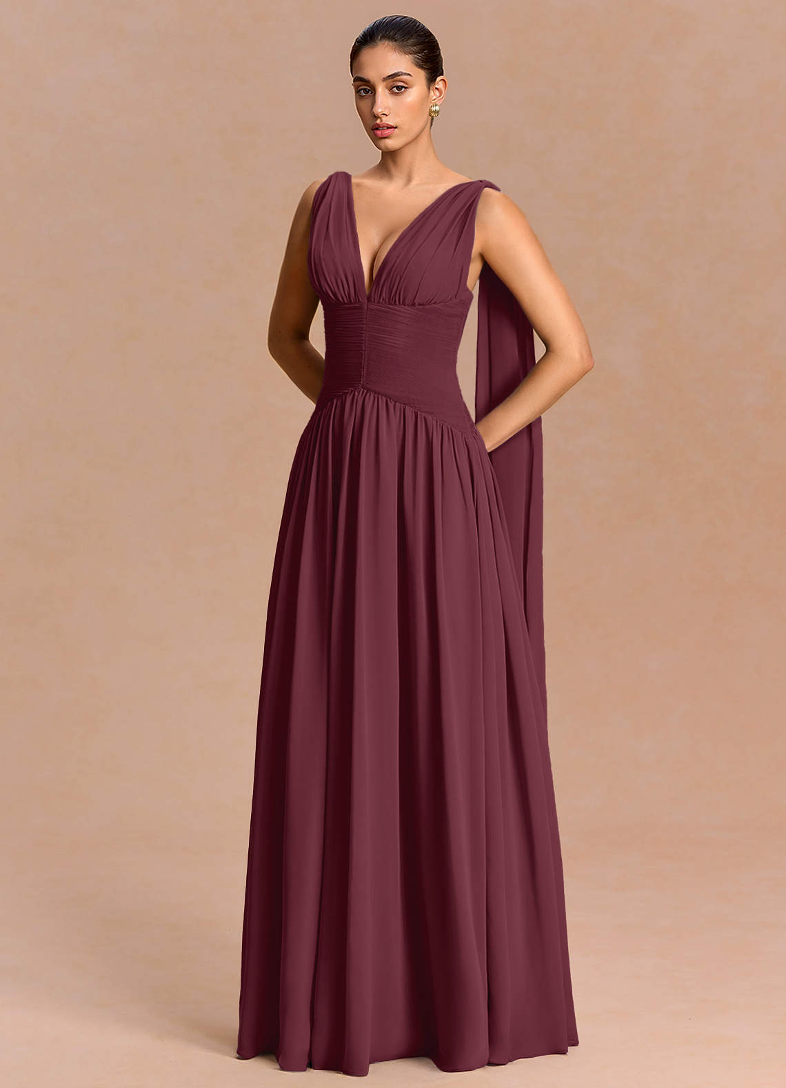 Eluney A-Line V-Neck Chiffon Evening Dress in Wine