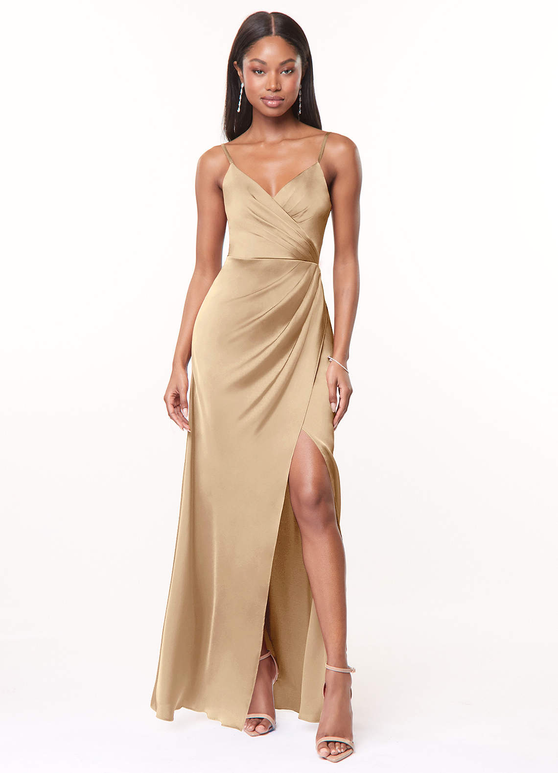 Maci A-Line V-Neck Stretch Satin Bridesmaid Dress in Champagne